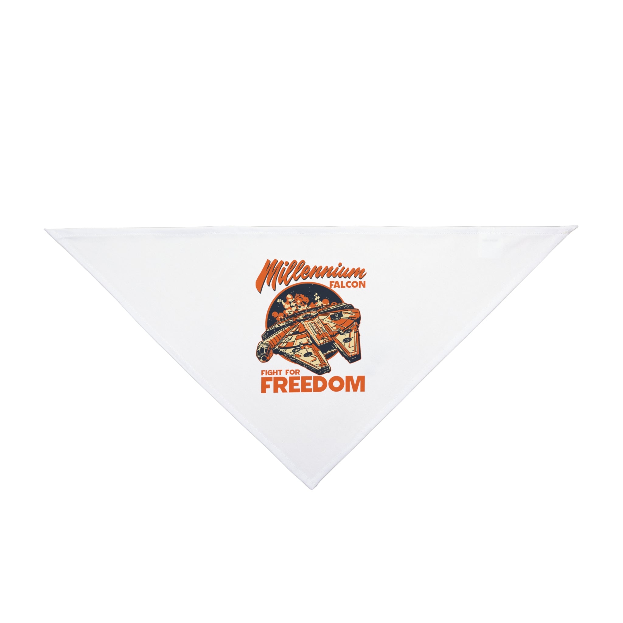 Dress your pet in style with the Falcon - Pet Bandana, a white triangular accessory featuring an illustration of the Millennium Falcon and the text "Millennium Falcon" and "Fight for Freedom"—perfect for any fan’s furry companion.