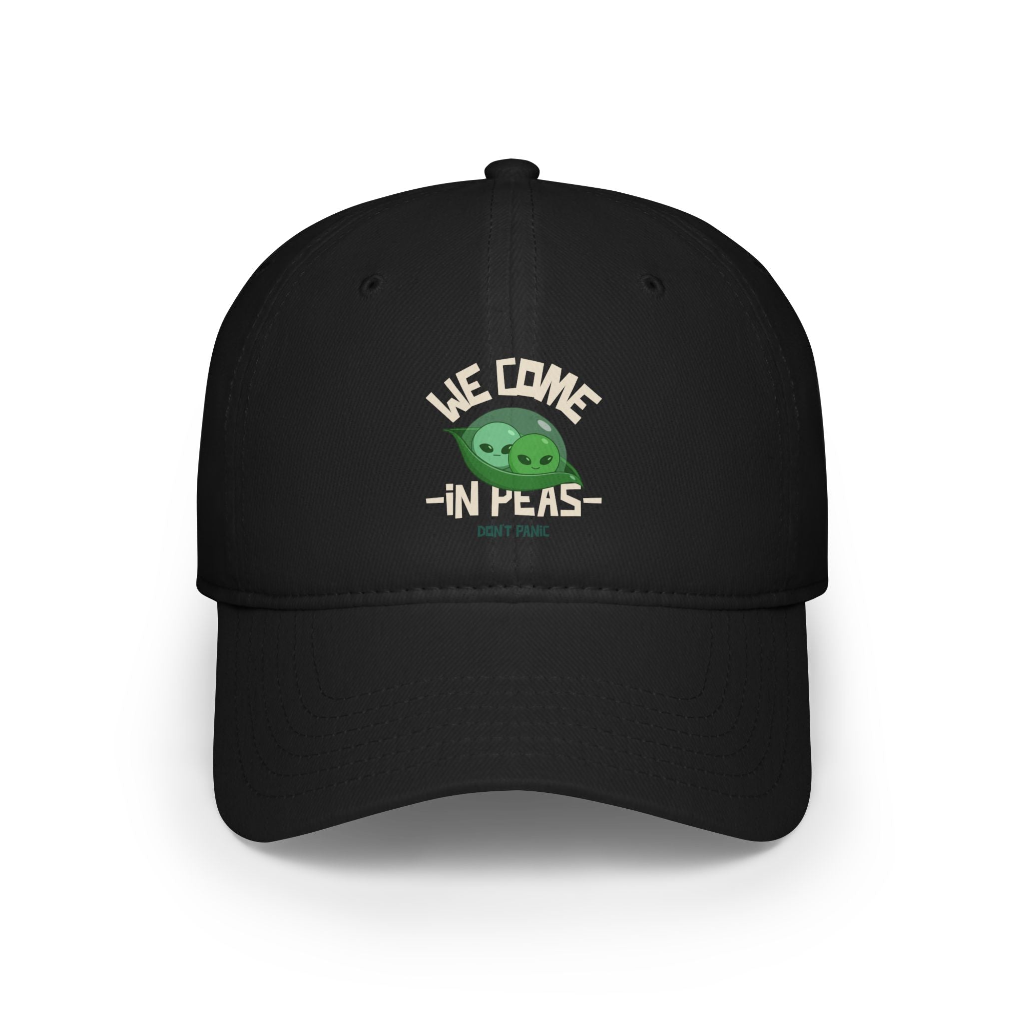 The "We Come in Pees - Hat" is a black baseball cap with two green peas in a pod, "WE COME IN PEAS" above, and "DON'T PANIC" below—ideal for adding a geeky flair to any outfit.