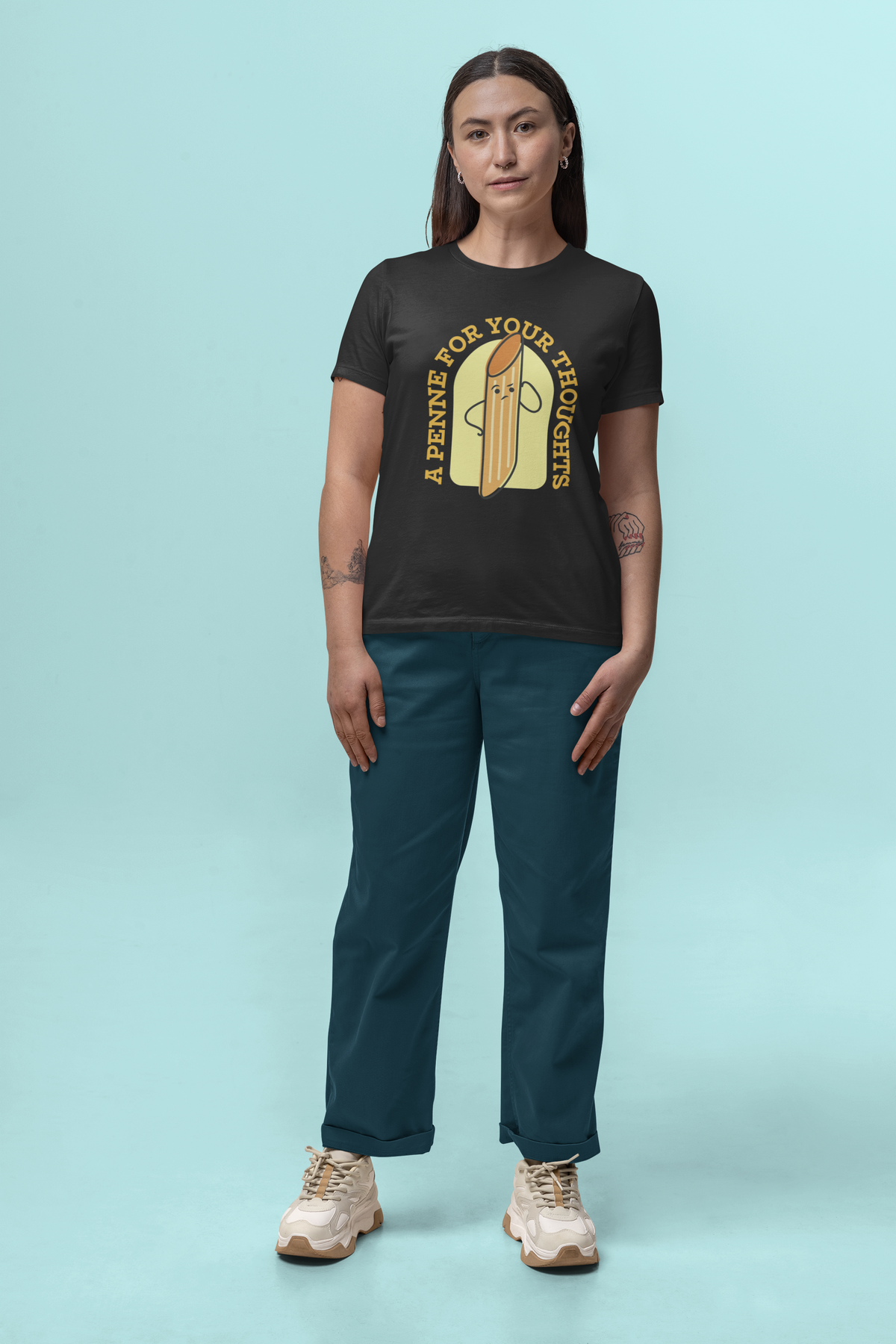 'A Penne For Your Thoughts' t-shirt in black, woman wearing it studio shot