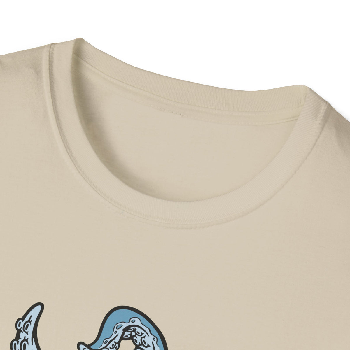 'Octopus Comes Out of the Bag' t-shirt in sand, close-up of neckline and print, funny camping gift