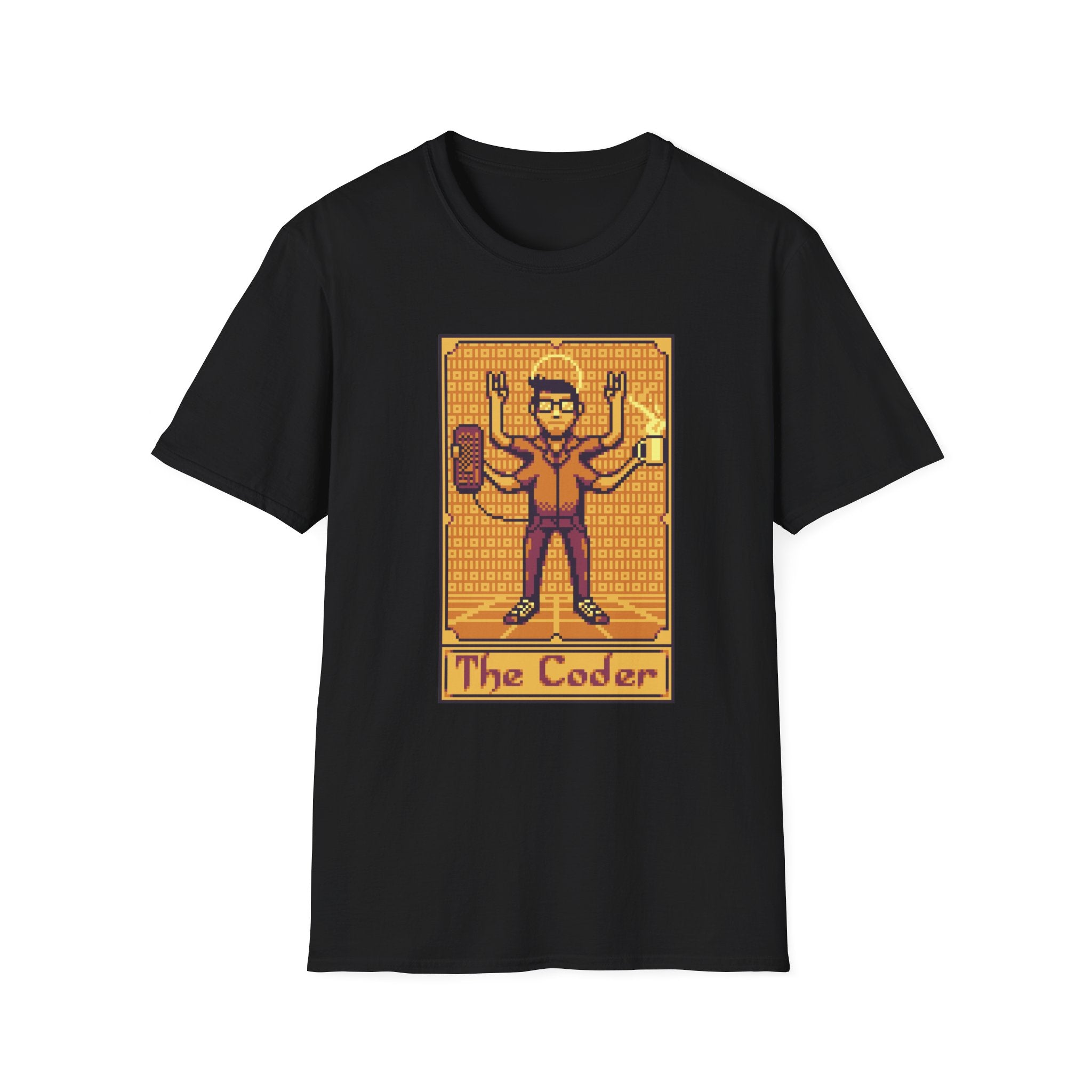Experience nerd culture with "The Coder" T-Shirt, featuring pixel art of a multi-armed person holding gadgets and a keyboard. Ideal for coding enthusiasts who proudly wear their passion.