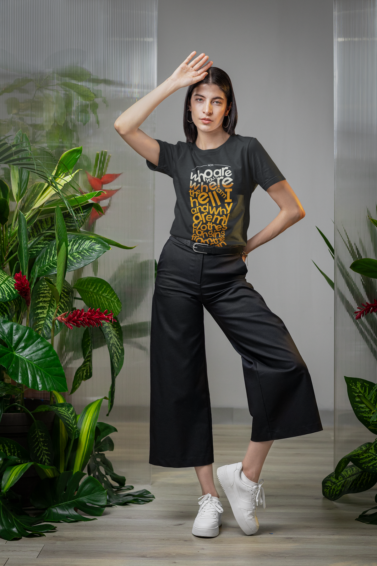 Beer Word Art T-shirt in charcoal, woman wearing it outdoors among plants, beer lover gift