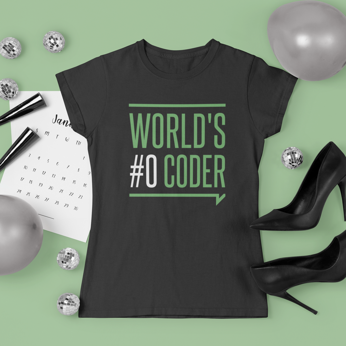 'World's #0 Coder' t-shirt in dark heather gray, flat lay styled with disco balls and heels, funny developer gift