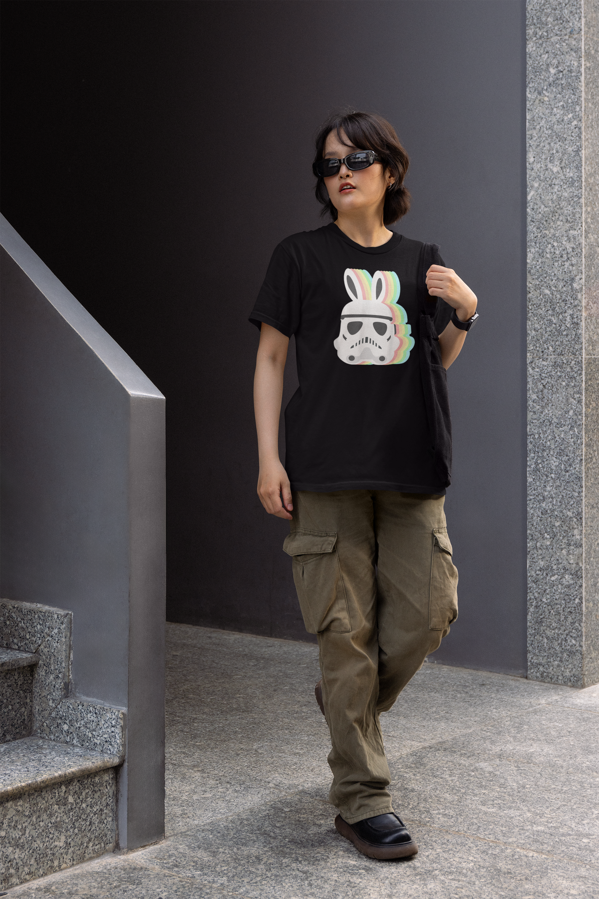 Star Wars Easter Stormtrooper Women's Tee in black, woman walking outdoors, funny Easter graphic tee