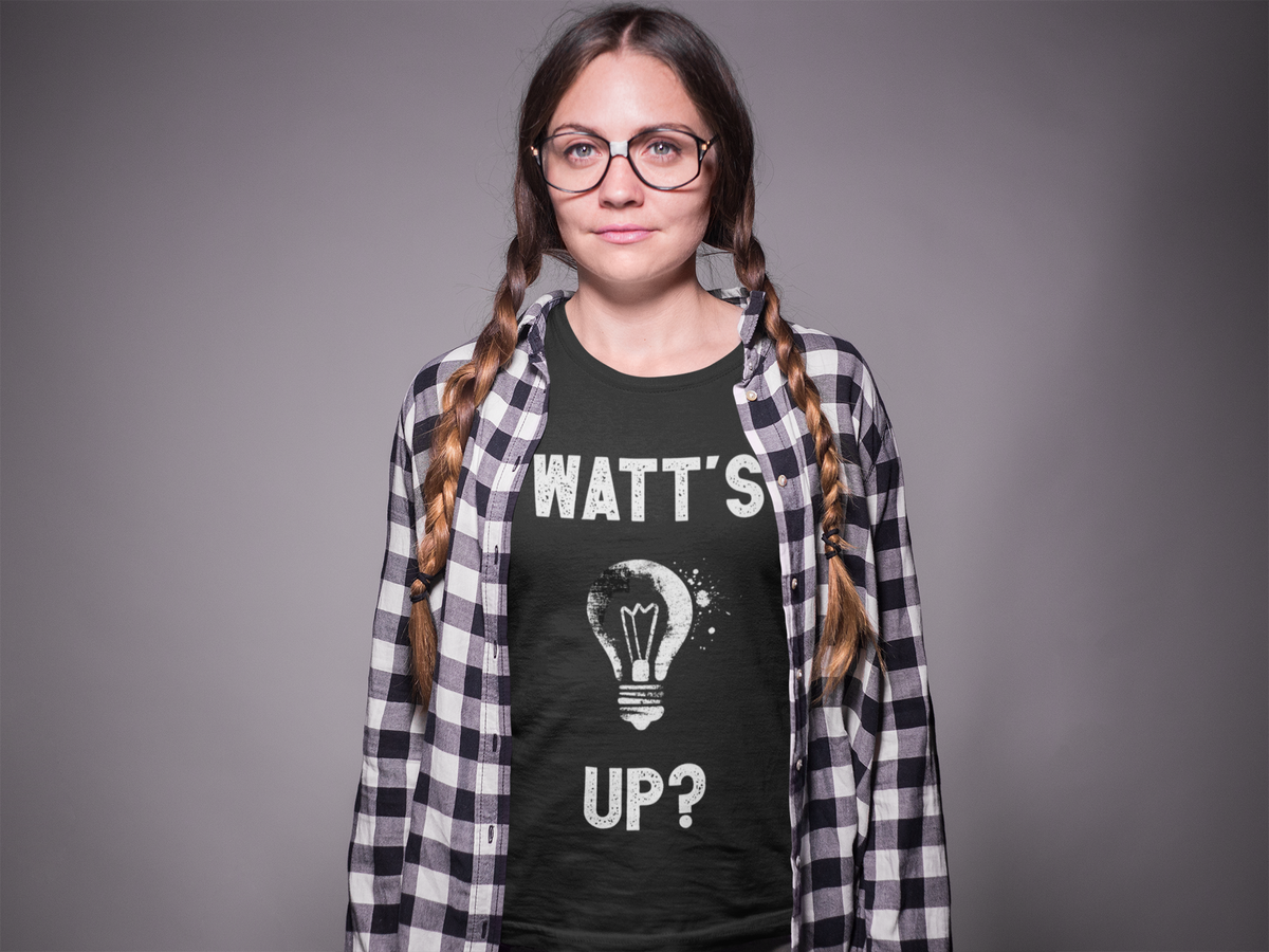 'Watt's Up?' electrician t-shirt in black, woman in plaid shirt, funny electrician pun tee gift