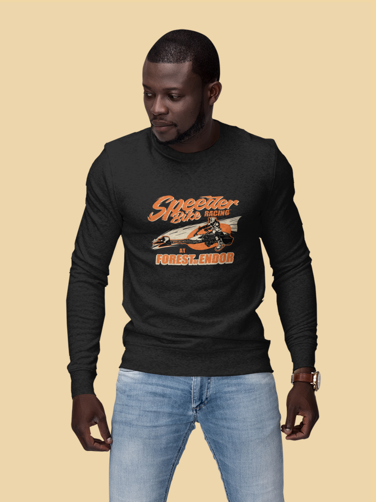 Speeder Bike Racing graphic sweatshirt in black, man wearing it on tan backdrop, funny gift for him