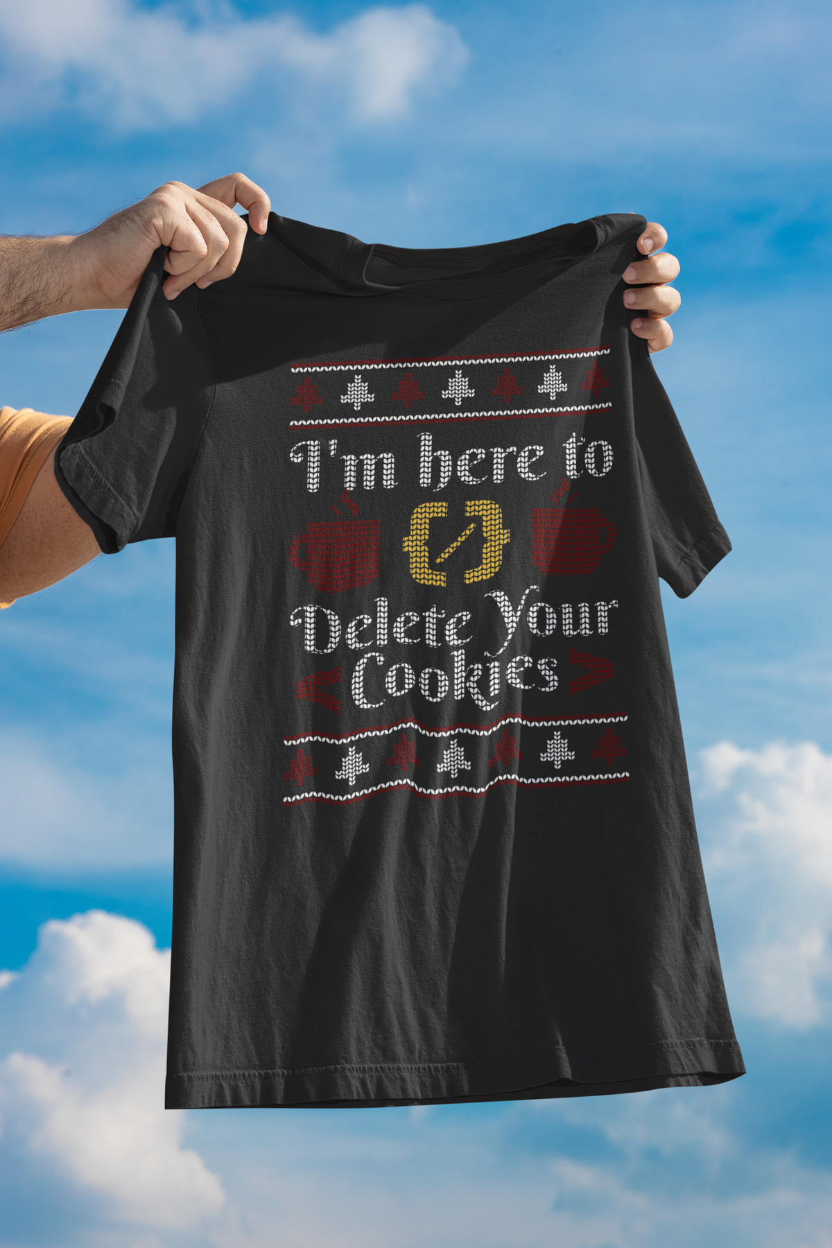 Delete Cookies browser-prompt holiday graphic women's relaxed-fit tee, model wearing it in natural light