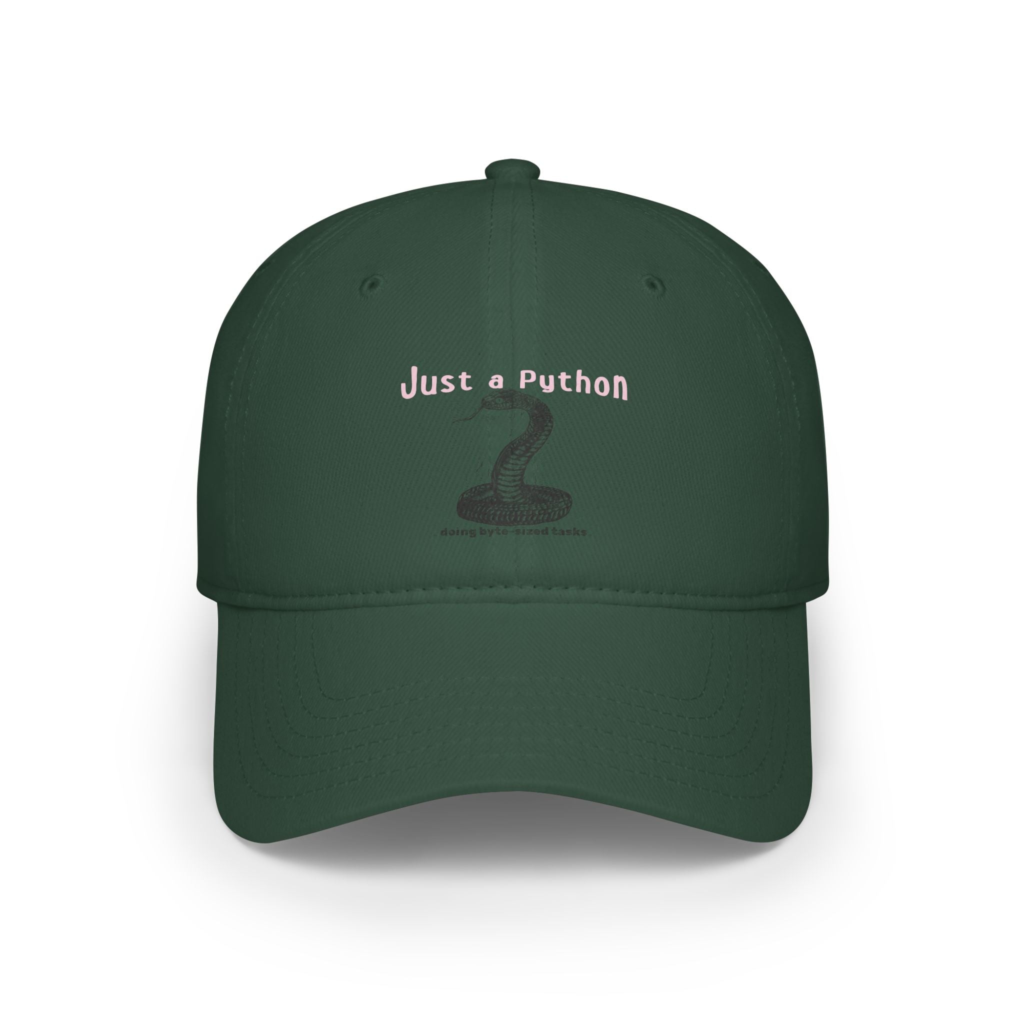 The "Just a Python - Hat" is a green baseball cap featuring "Just a Python" text above a snake illustration, with smaller text below—perfect nerdy apparel for coding and pop culture fans.