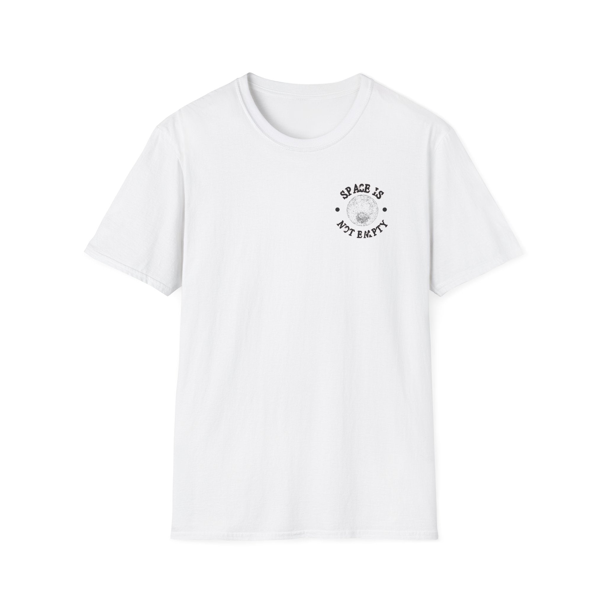 The Deep Deep Space T-Shirt is a white tee with a planet graphic and "SPACE IS NOT EMPTY" on the chest, ideal for galaxy-gazing fans and nerd culture admirers.