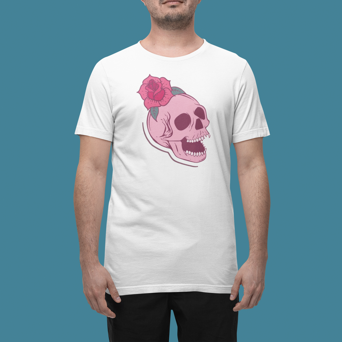'Romantic Skull' t-shirt in white, man wearing it in a studio, T-Shirt mockup, Geekpsters
