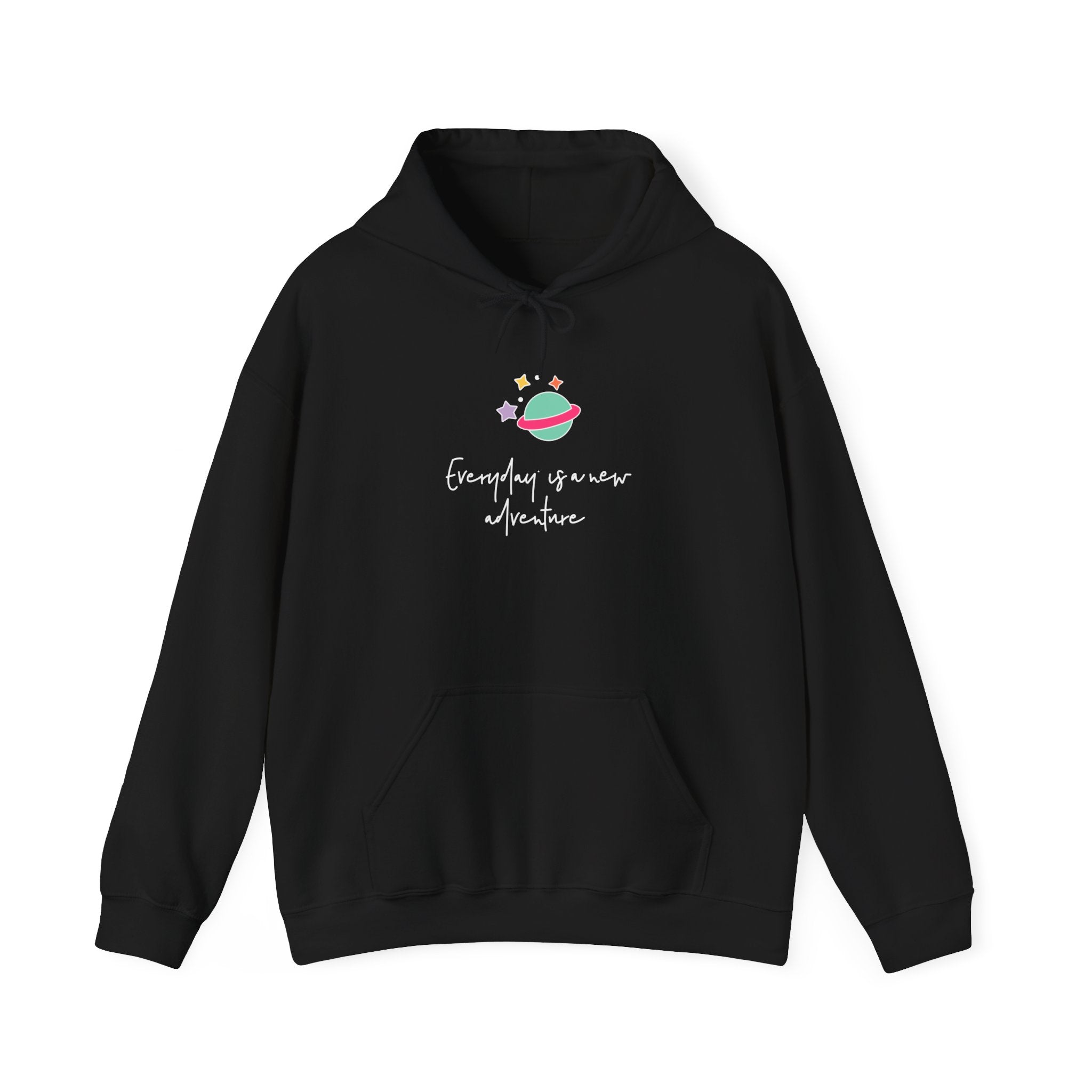 The "Everyday is a New Adventure" Hooded Sweatshirt is a black hoodie with a vibrant UFO graphic and slogan, plus a front pocket and drawstring hood—ideal for anyone wanting cosmic flair and daily comfort.