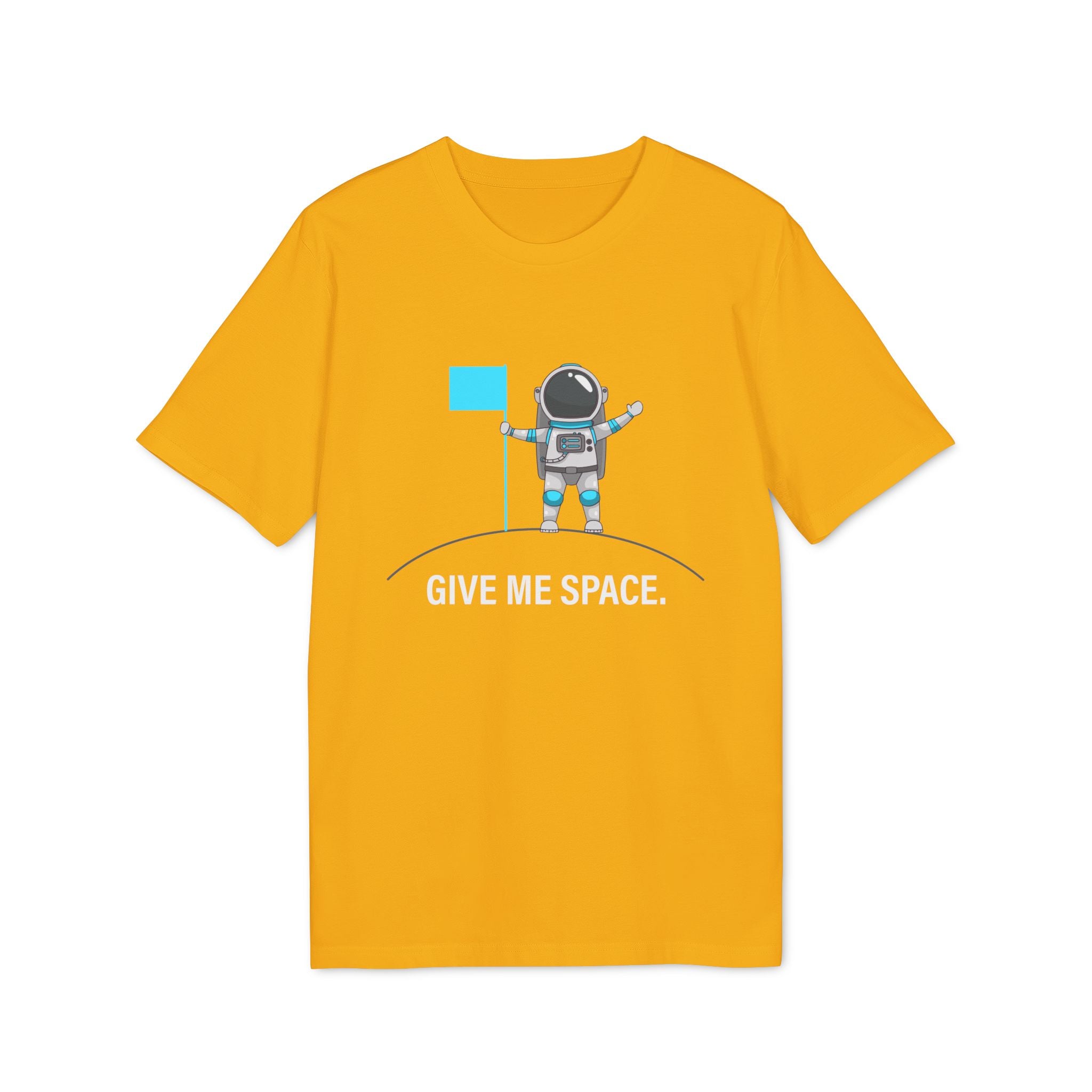 The "Give me space - Organic T-Shirt" is a yellow tee with a cartoon astronaut holding a blue flag and "GIVE ME SPACE." printed below, made from soft organic cotton for an eco-friendly statement.