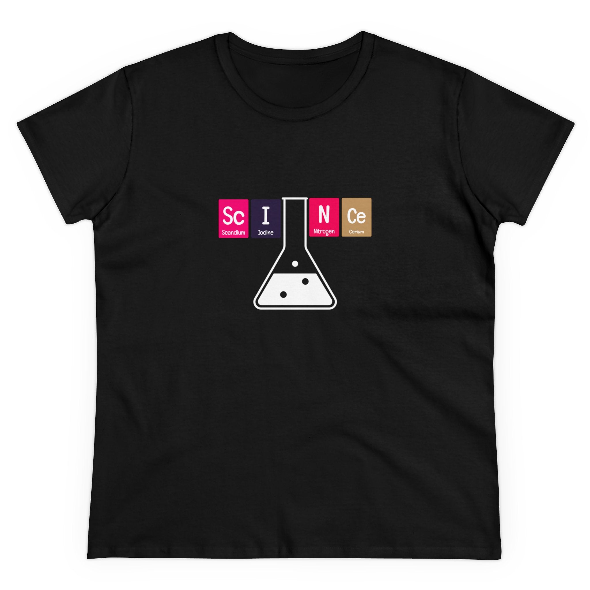 The Sc-I-N-Ce - Women's Tee is a black women's t-shirt featuring the word "SCIENCE" spelled out using elements from the periodic table, with an Erlenmeyer flask graphic below the text. This unique design effortlessly blends style and knowledge, making it a trendy and sustainable addition to your wardrobe.