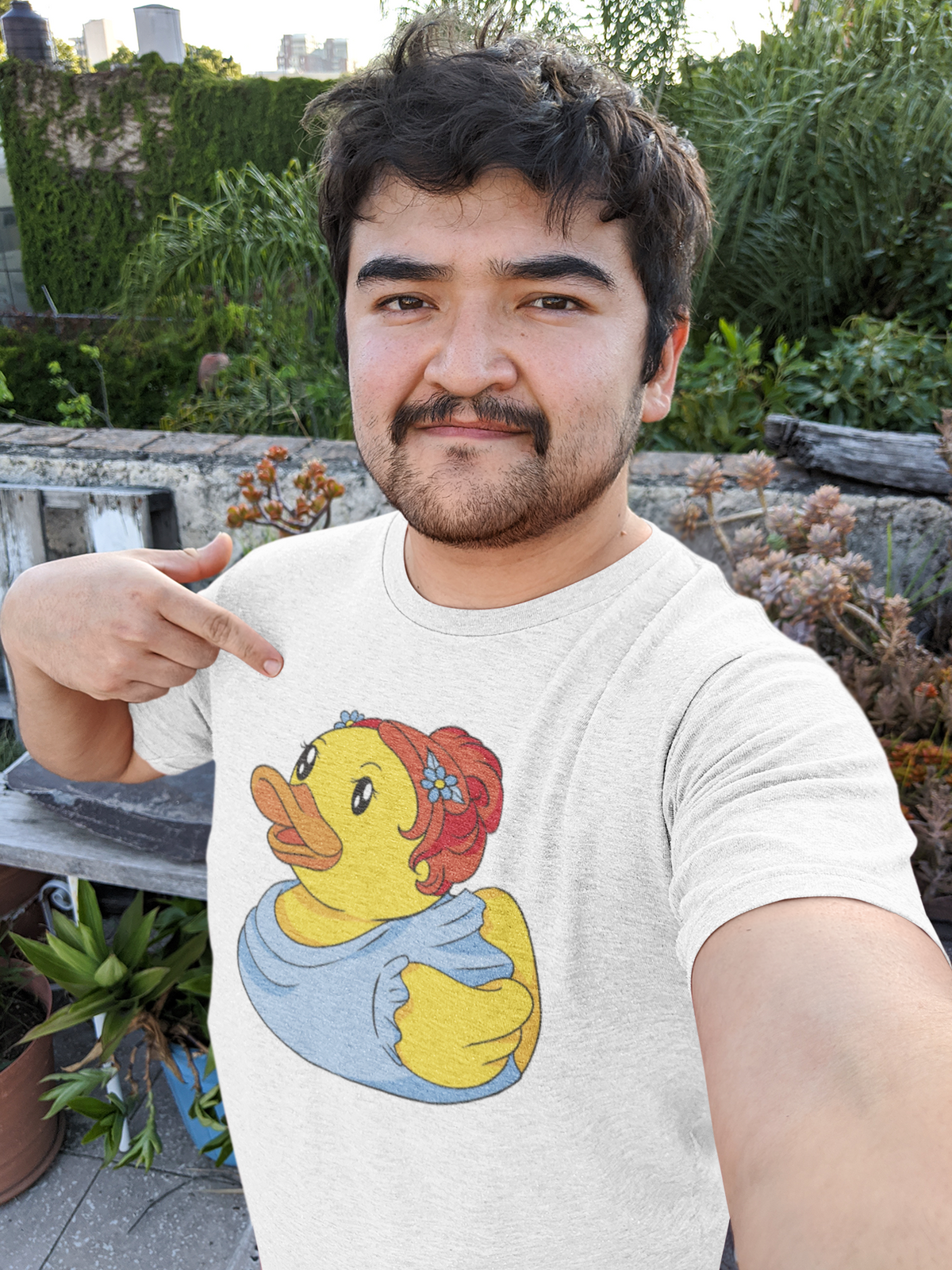 Bridesmaid duck t-shirt in white, man model taking a selfie wearing it, funny wedding party gift