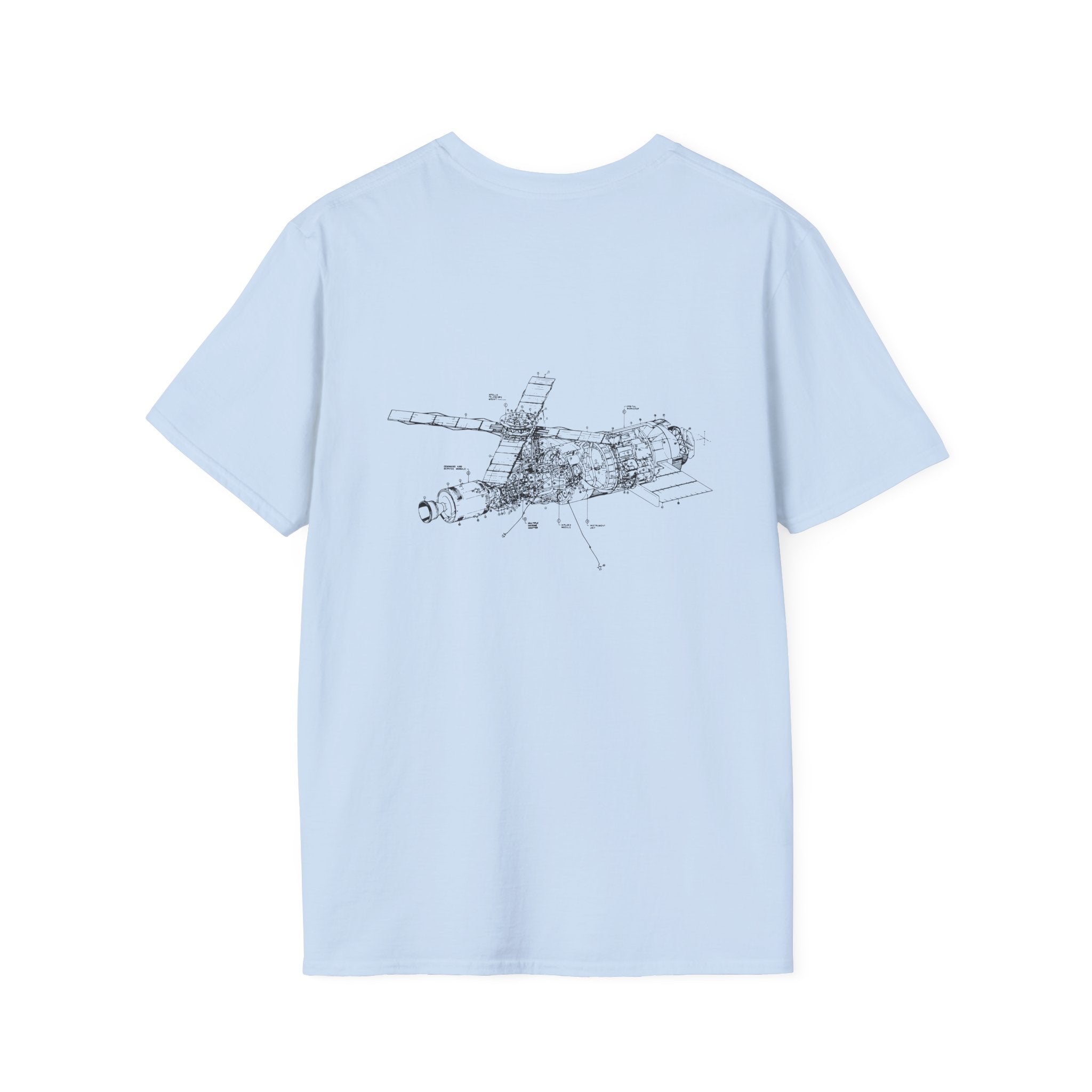 The Deep Deep Space T-Shirt in light blue boasts a detailed black space module diagram on the back—ideal for galaxy-gazing fans and nerd culture enthusiasts.