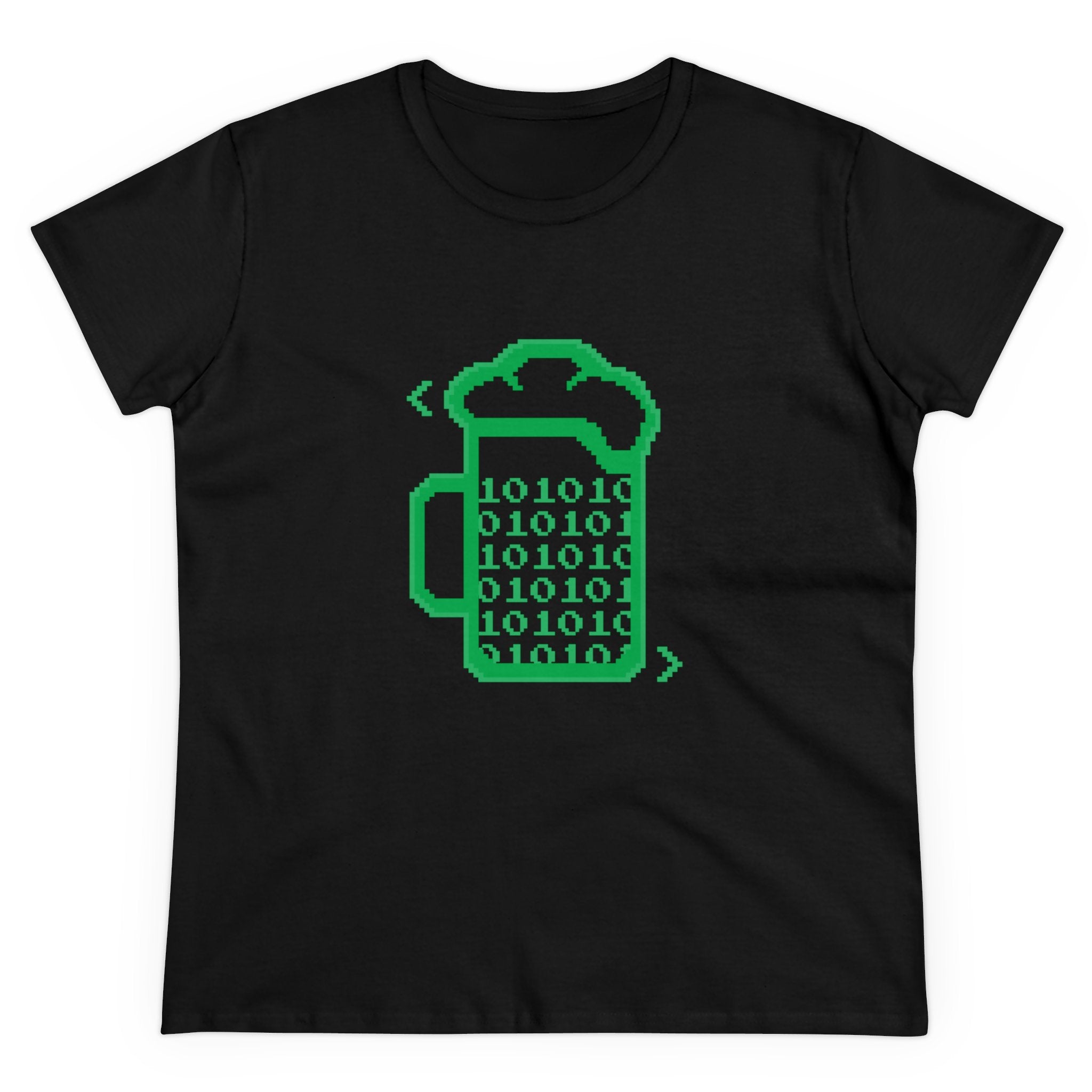 The Beer Code - Women's Tee is a black shirt with a green pixel art beer mug filled with binary code—ideal for nerd culture fans or anyone who loves clever geeky apparel.
