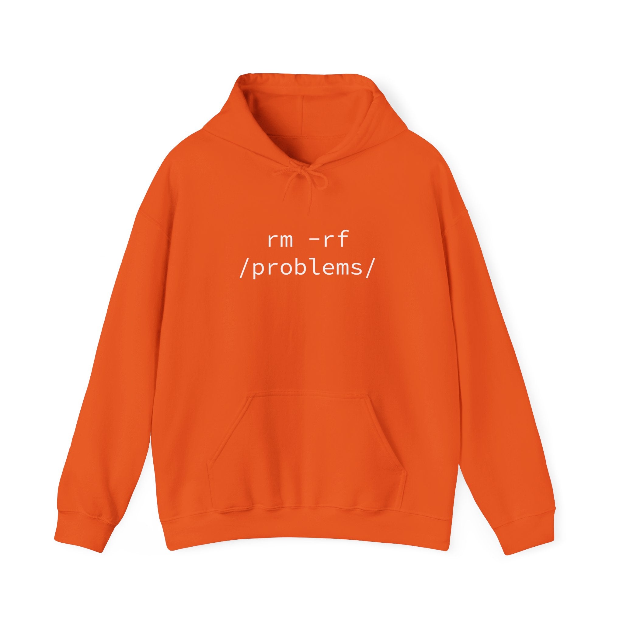 A hooded sweatshirt with a classic fit and the prominent text "RMRF Problems" displayed on the front.