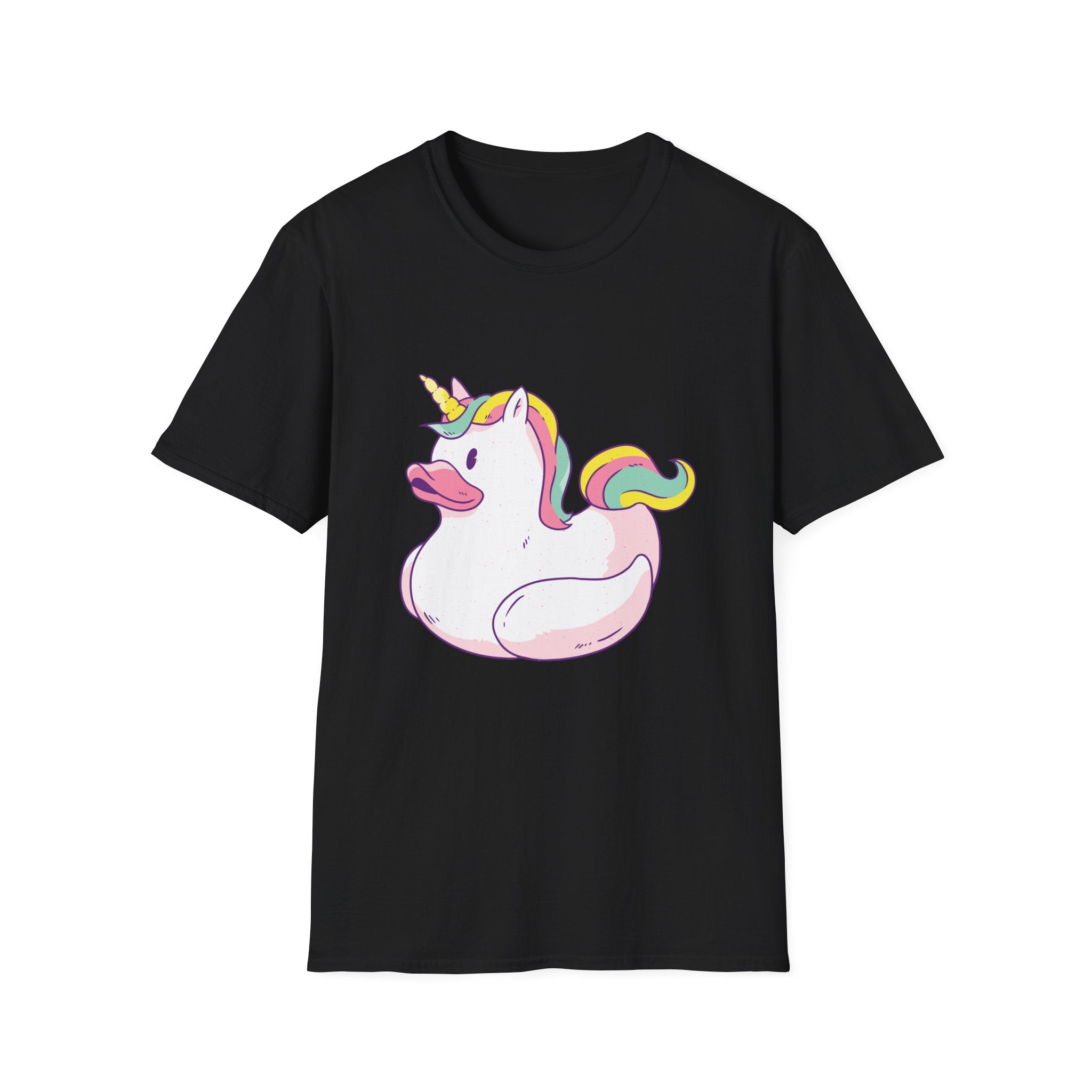 Showcase your geeky flair with the Unicorn Duck T-Shirt—a black shirt featuring a cartoon rubber duck with a unicorn horn and rainbow mane. Ideal for tech-savvy trendsetters and fans of unique, nerdy fashion.