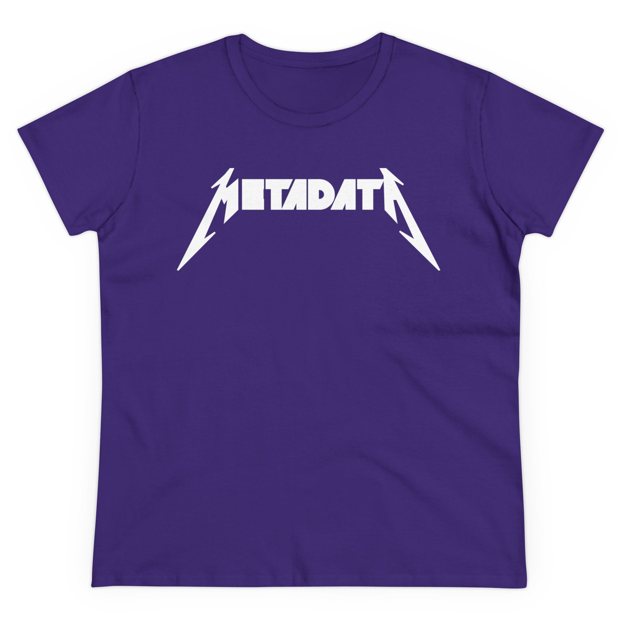 The Metadata - Women's Tee is a semi-fitted women's cotton shirt in purple, adorned with "Metadata" in a stylized white font that echoes heavy metal band logos.