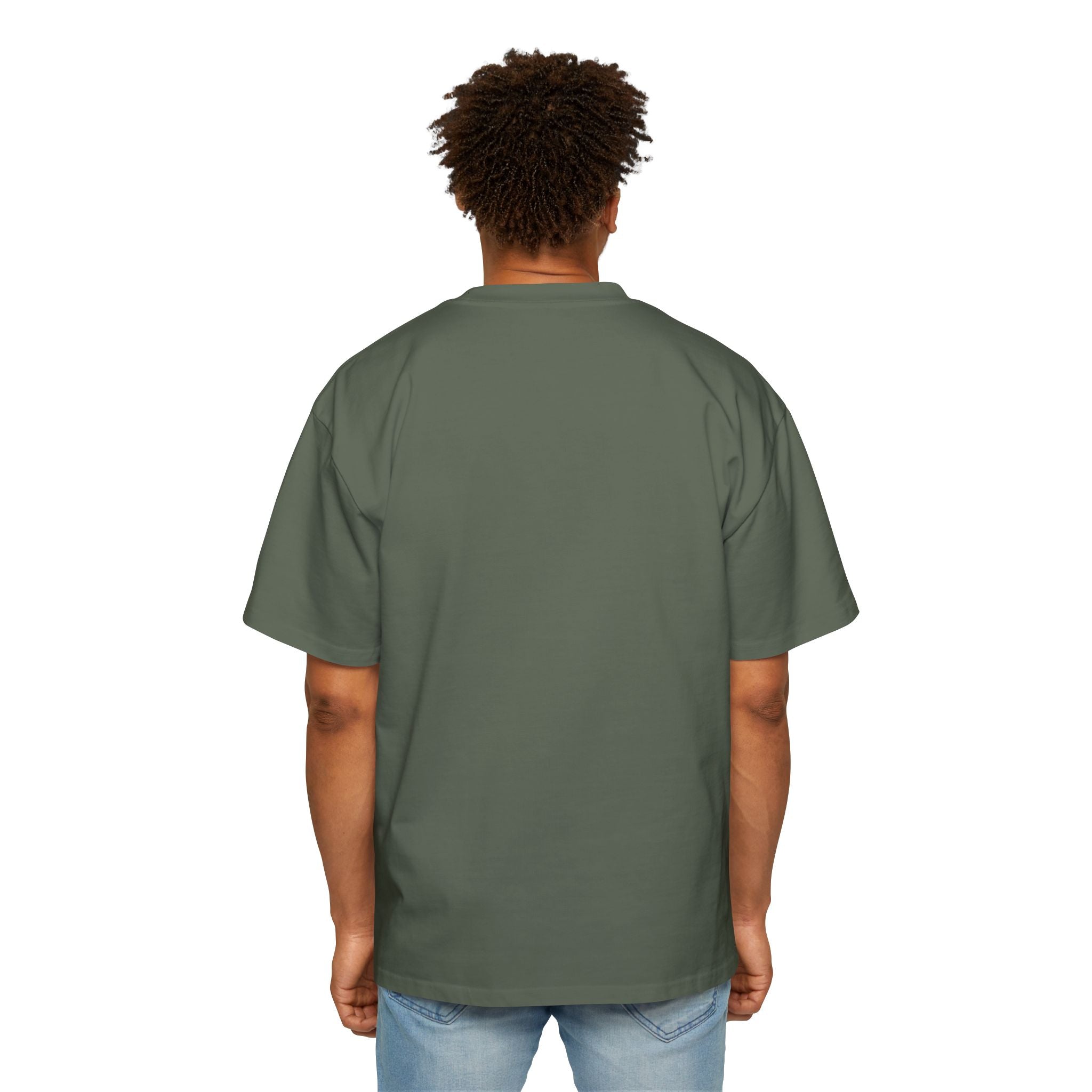 A person wearing the “I Don't Always Optimize Queries” Heavy Oversized Tee in olive green and light blue jeans stands facing away from the camera.