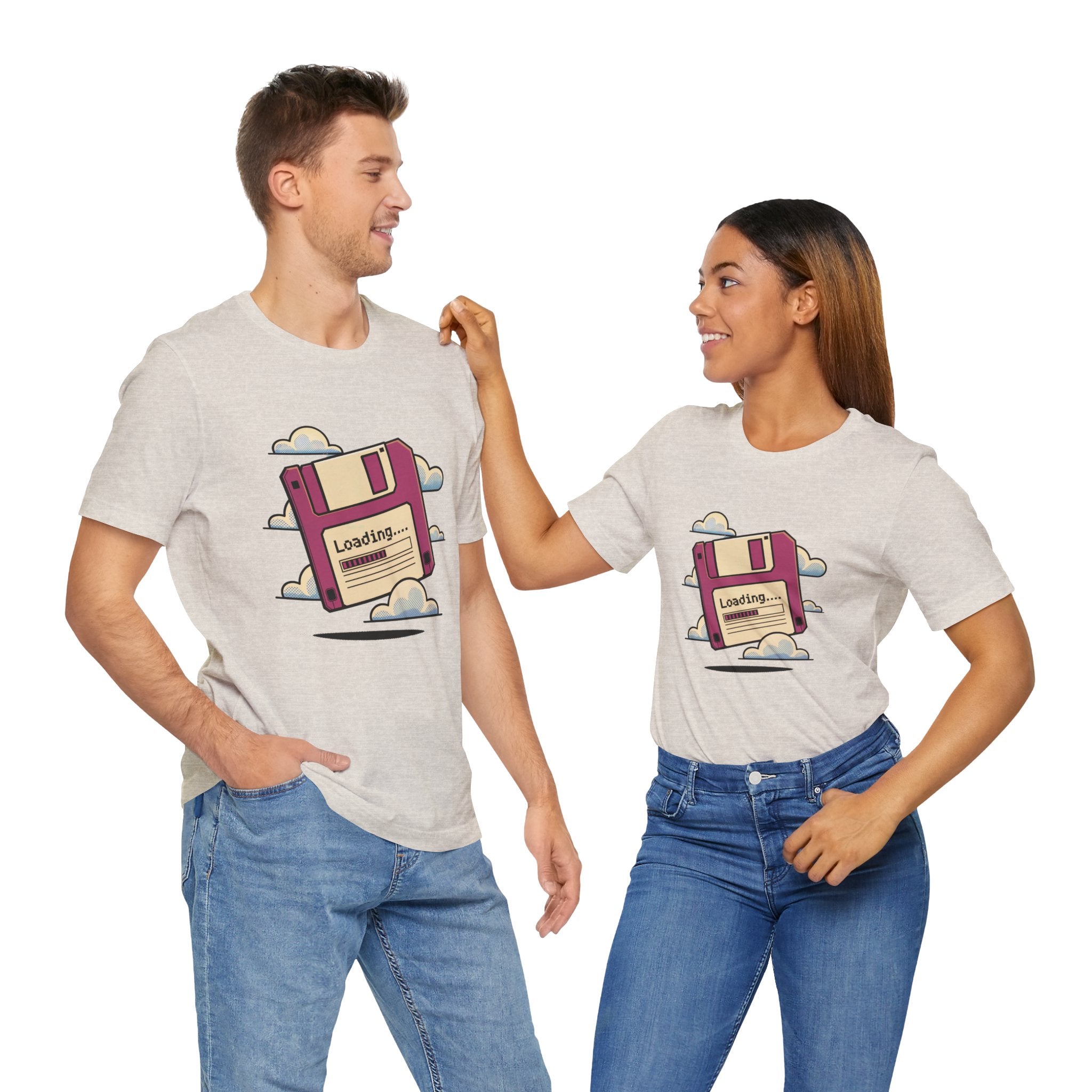 A man and woman smile together, both wearing matching Floppy disk -T Shirt cotton tees featuring a floppy disk and "Loading" graphic.