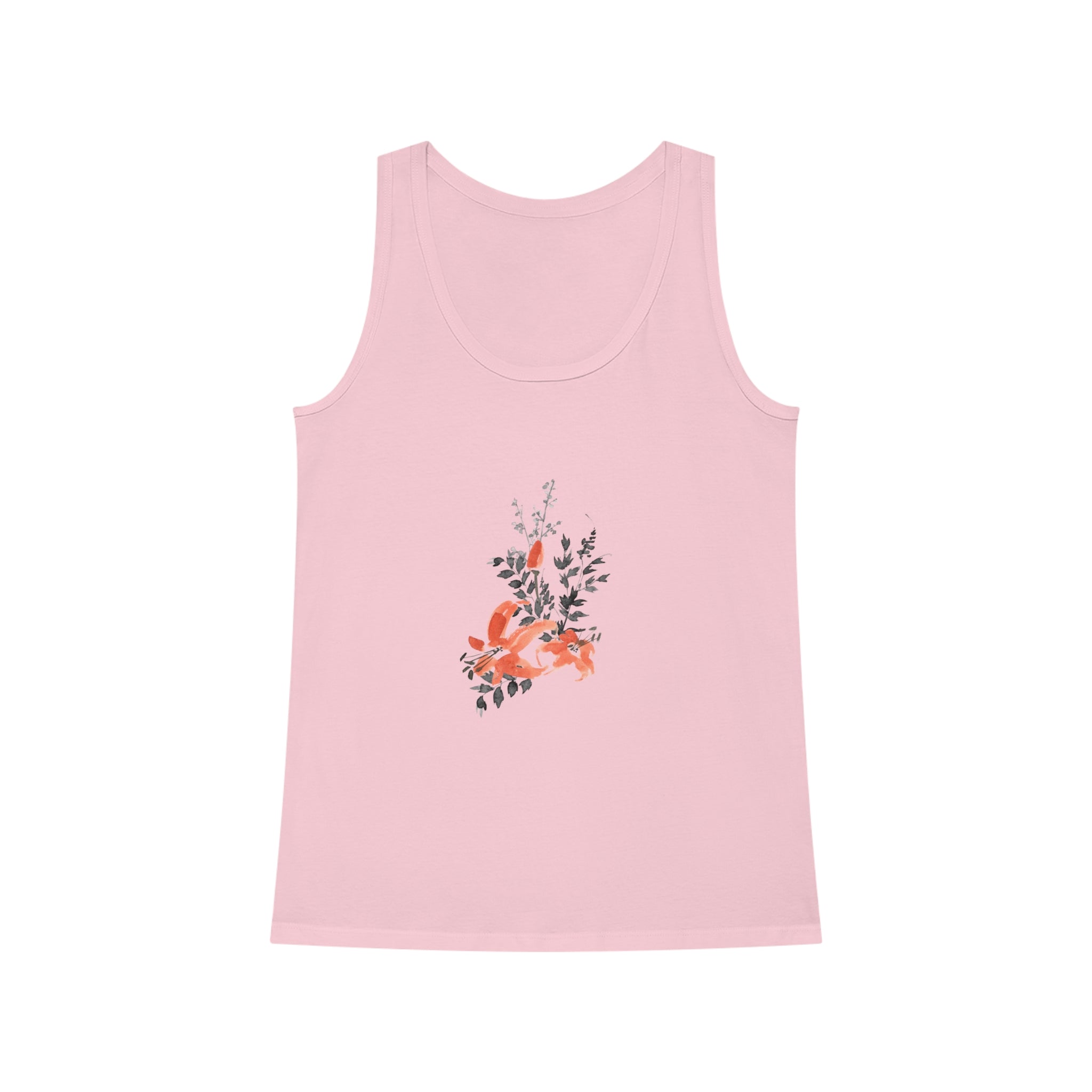 The Flowers Women's Dreamer Tank Top organic cotton features a pink floral pattern highlighted by orange and black leaves at the center, offering a perfect blend of style and comfort in a lightweight design.