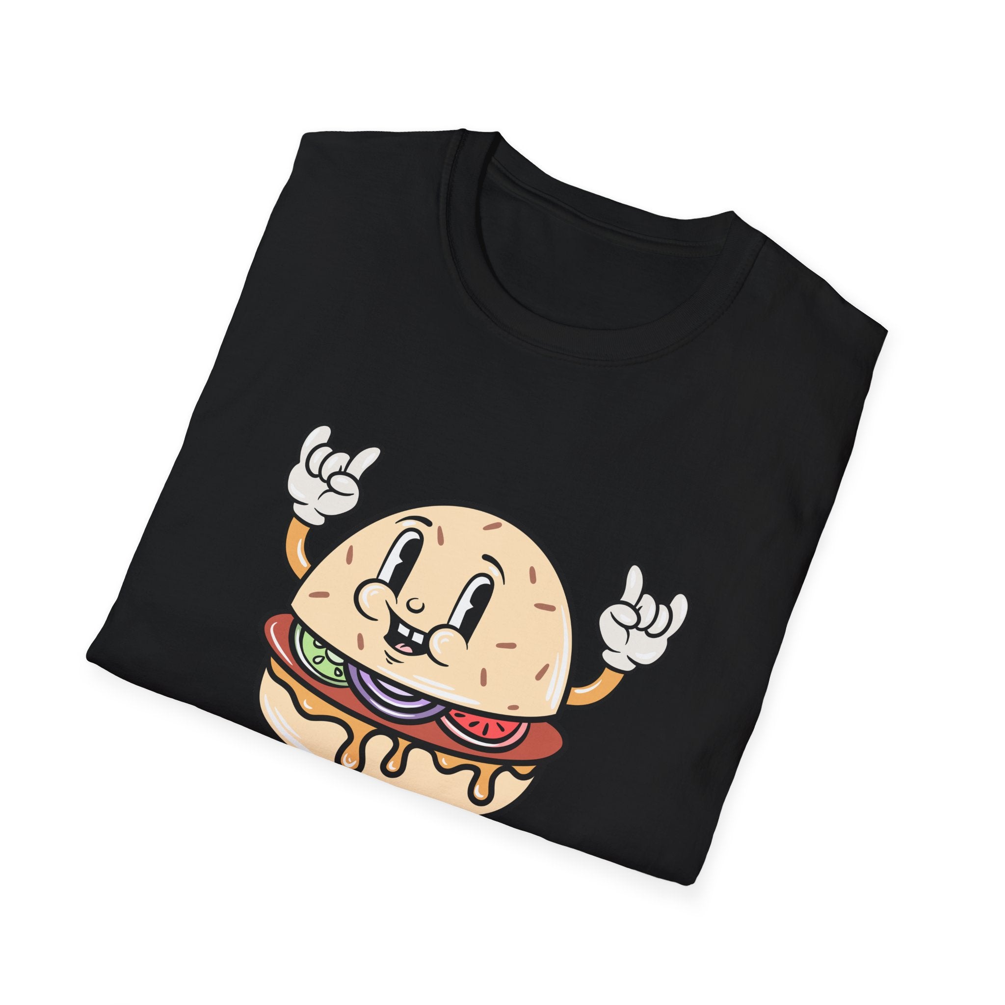 Black "Burger Cartoon" t-shirt showcasing a character with a smiling face and raised hands making rock and roll gestures, ideal for food lovers.