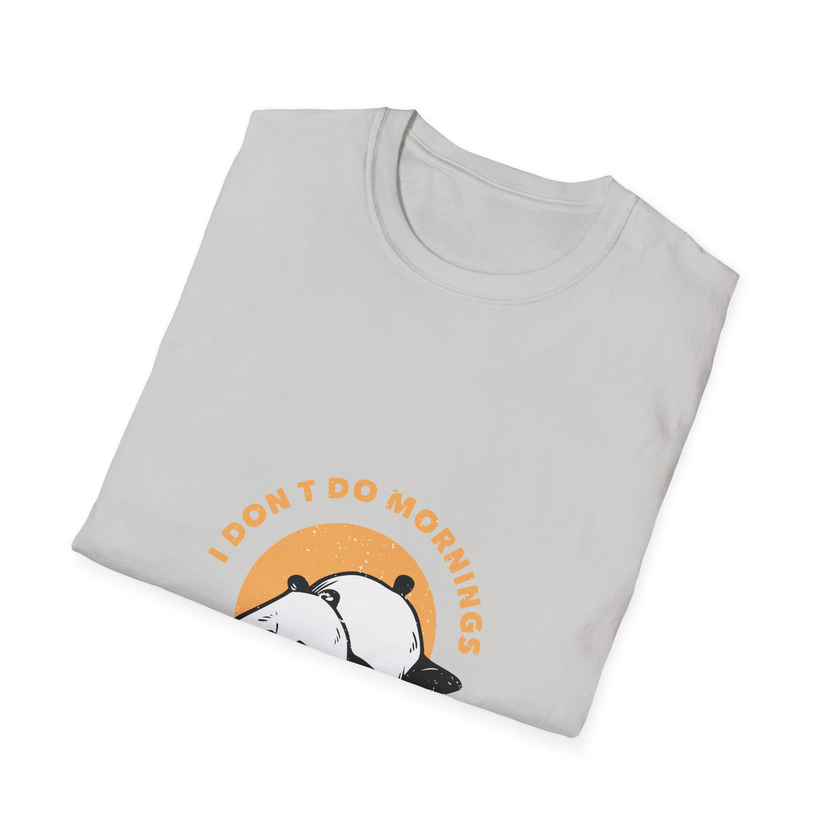 'I Don't Do Mornings' sleepy panda print folded on ice grey t-shirt, funny sunrise graphic gift
