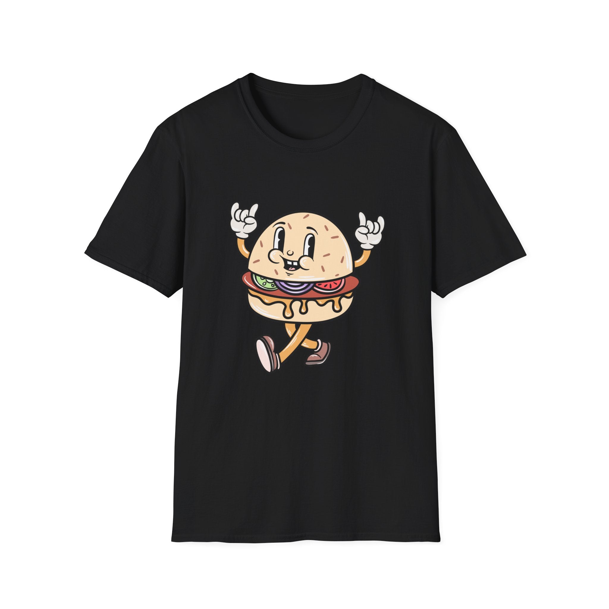 Burger Cartoon T-shirt featuring a cartoon burger character walking and smiling with its hands up.