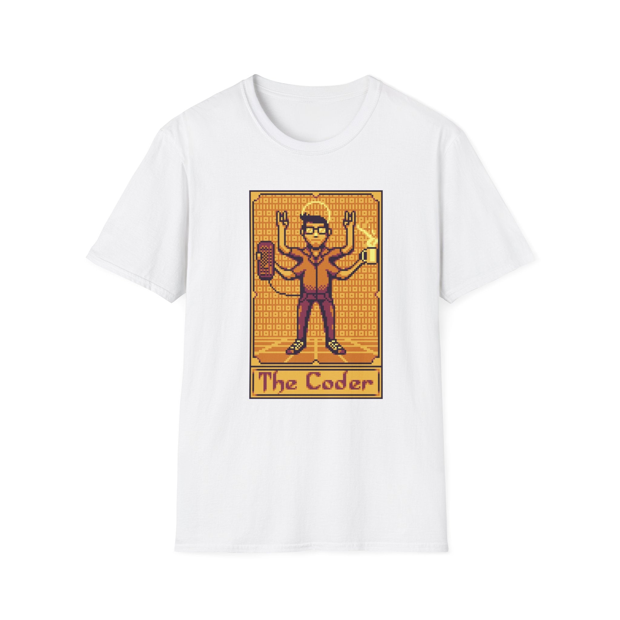 Explore "The Coder T-Shirt": a white tee featuring pixel art of a multi-armed person juggling gadgets, embodying nerd culture. This design celebrates coding enthusiasts.