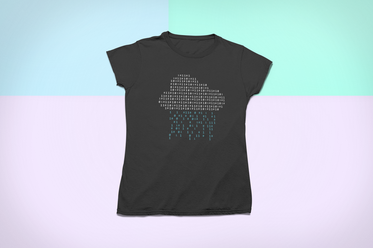 ‘Binary Rain Cloud’ black tee, flat lay on pastel backdrop, funny gift for developers
