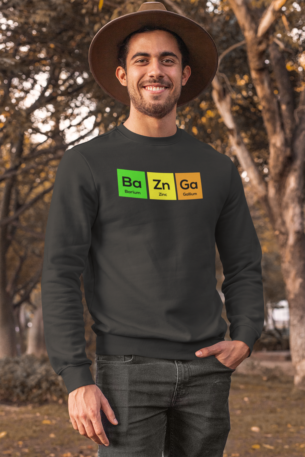 Ba-Zn-Ga periodic table Bazinga element pun crewneck sweatshirt, model wearing it indoors