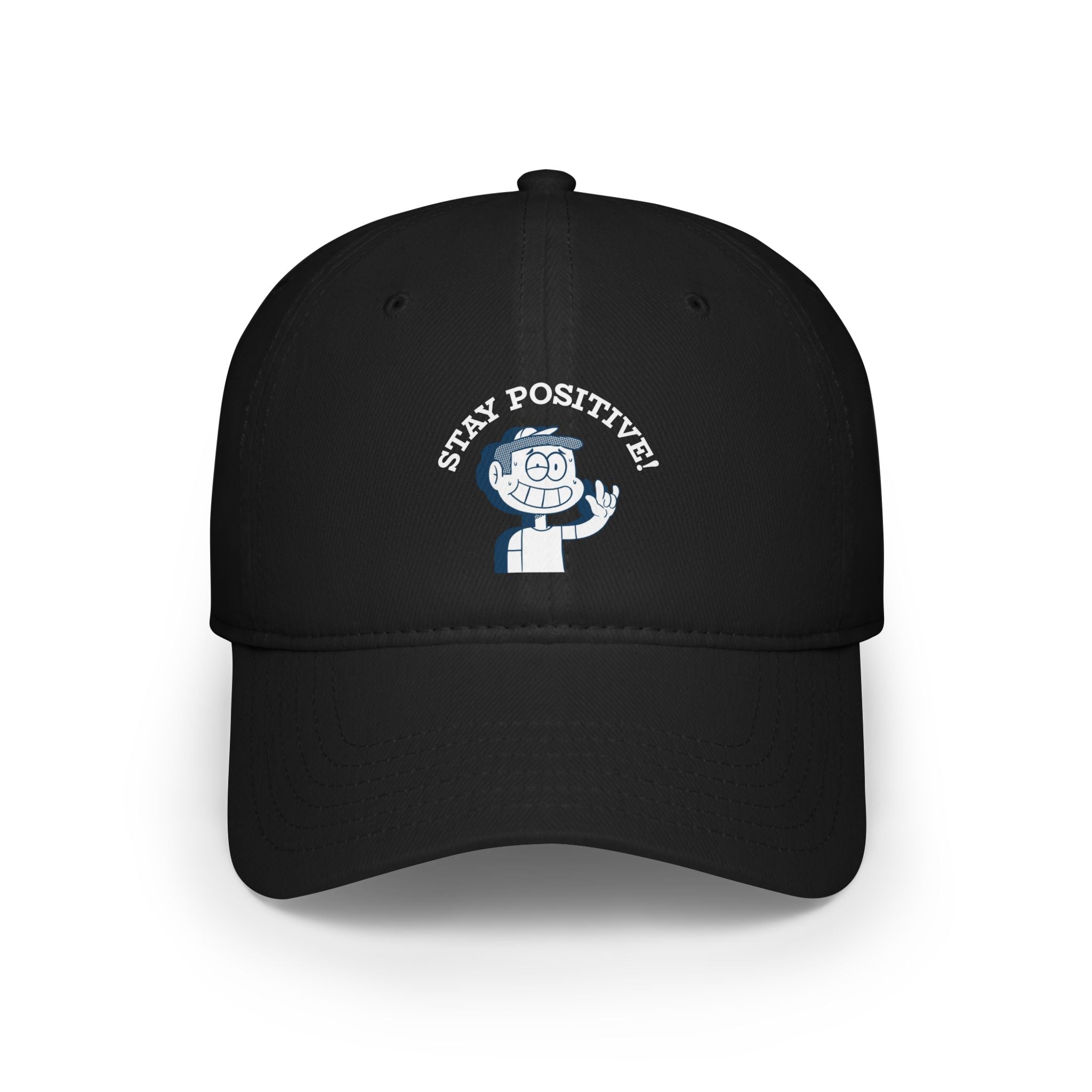 The "Stay Positive - Hat" is a black baseball cap featuring a cartoon character making a hand gesture with "STAY POSITIVE!" printed above—perfect for fans of nerd culture.