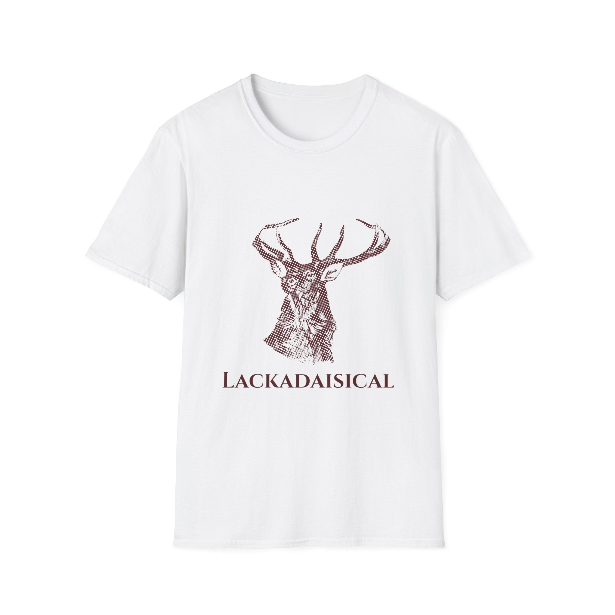 The Luck T-Shirt, made of premium cotton in white, showcases a stylized brown line art deer head above "LACKADAISICAL," merging comfort and effortless style.
