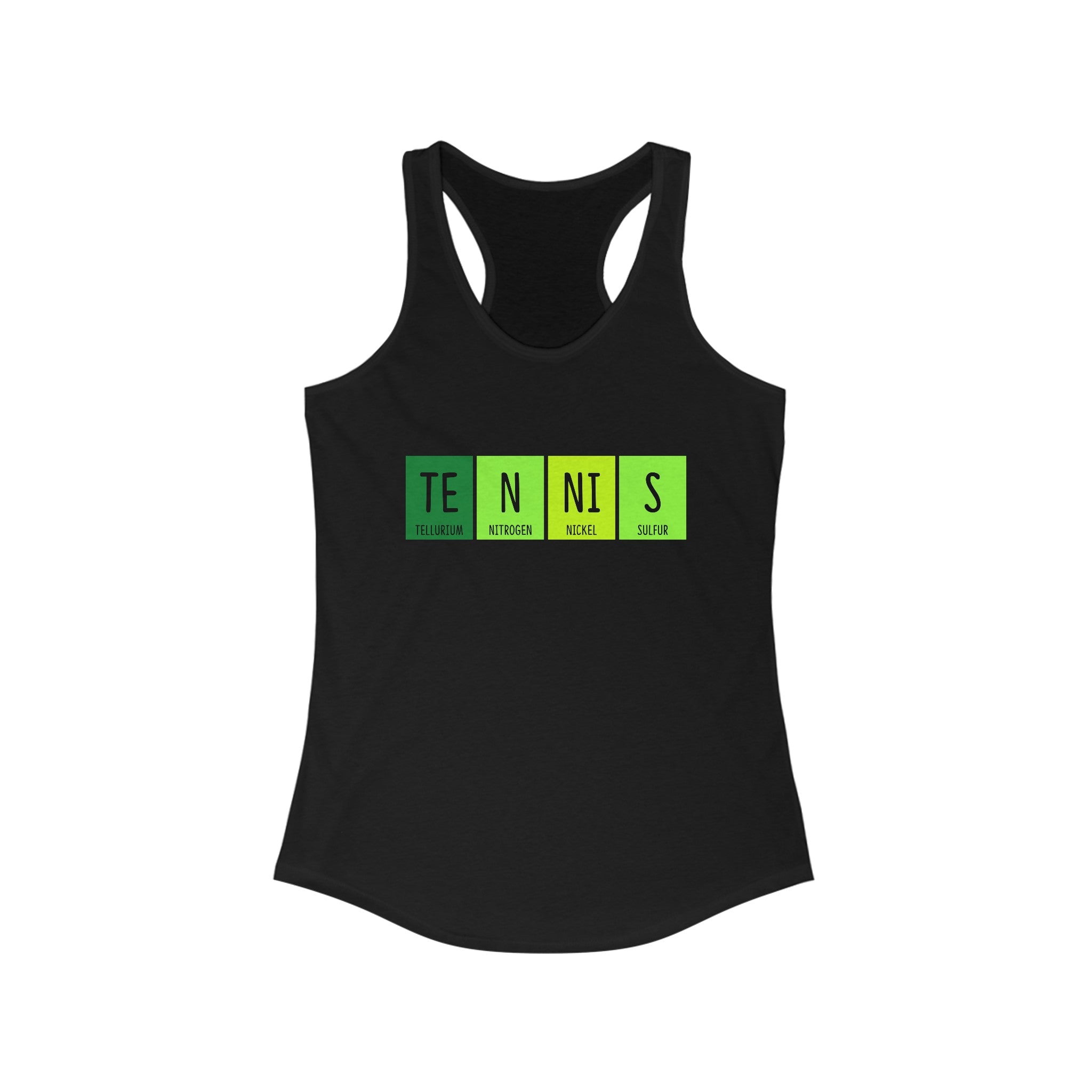 The TE-N-NI-S - Women's Racerback Tank in black showcases the word "TENNIS" in a stylish periodic table-inspired design, incorporating elements tellurium, nitrogen, nickel, and sulfur. This ultra-lightweight top is ideal for combining both fashion and comfort.