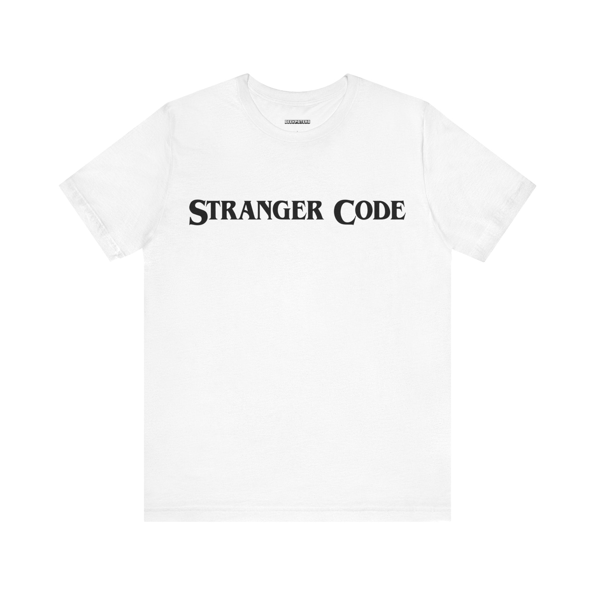 The Stranger Code Tee Shirt is a classic unisex jersey made from soft cotton, featuring "STRANGER CODE" boldly printed in black text on the front. It offers a quality print ensuring both comfort and style.