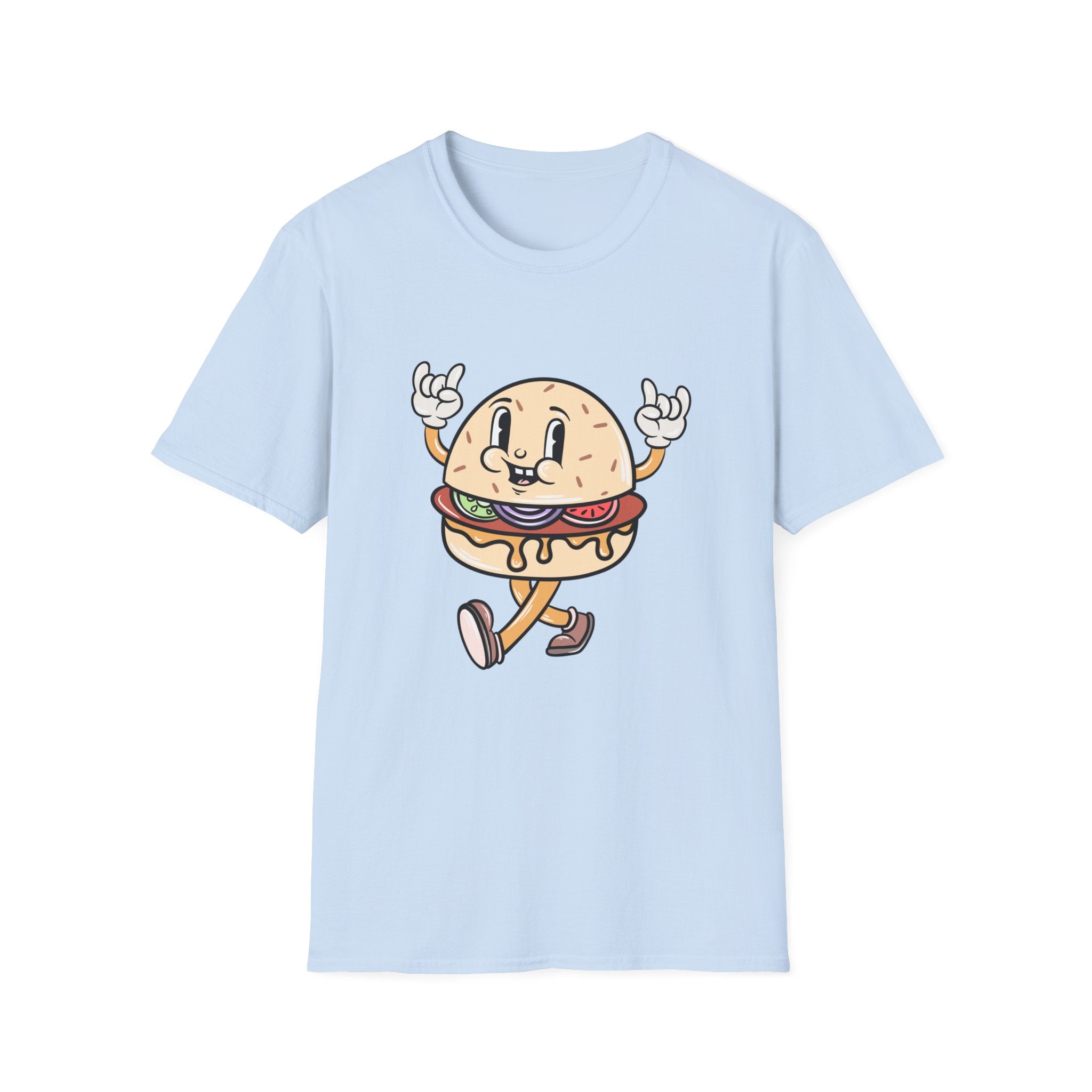 Light blue T-shirt featuring a cartoon burger character with arms and legs, smiling and raising its hands.