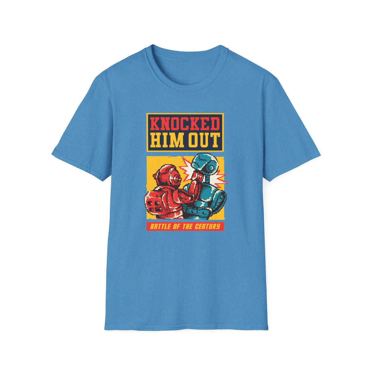 "Knocked Him Out" robot boxing t-shirt in heather sapphire blue, man wearing it, funny gamer gift