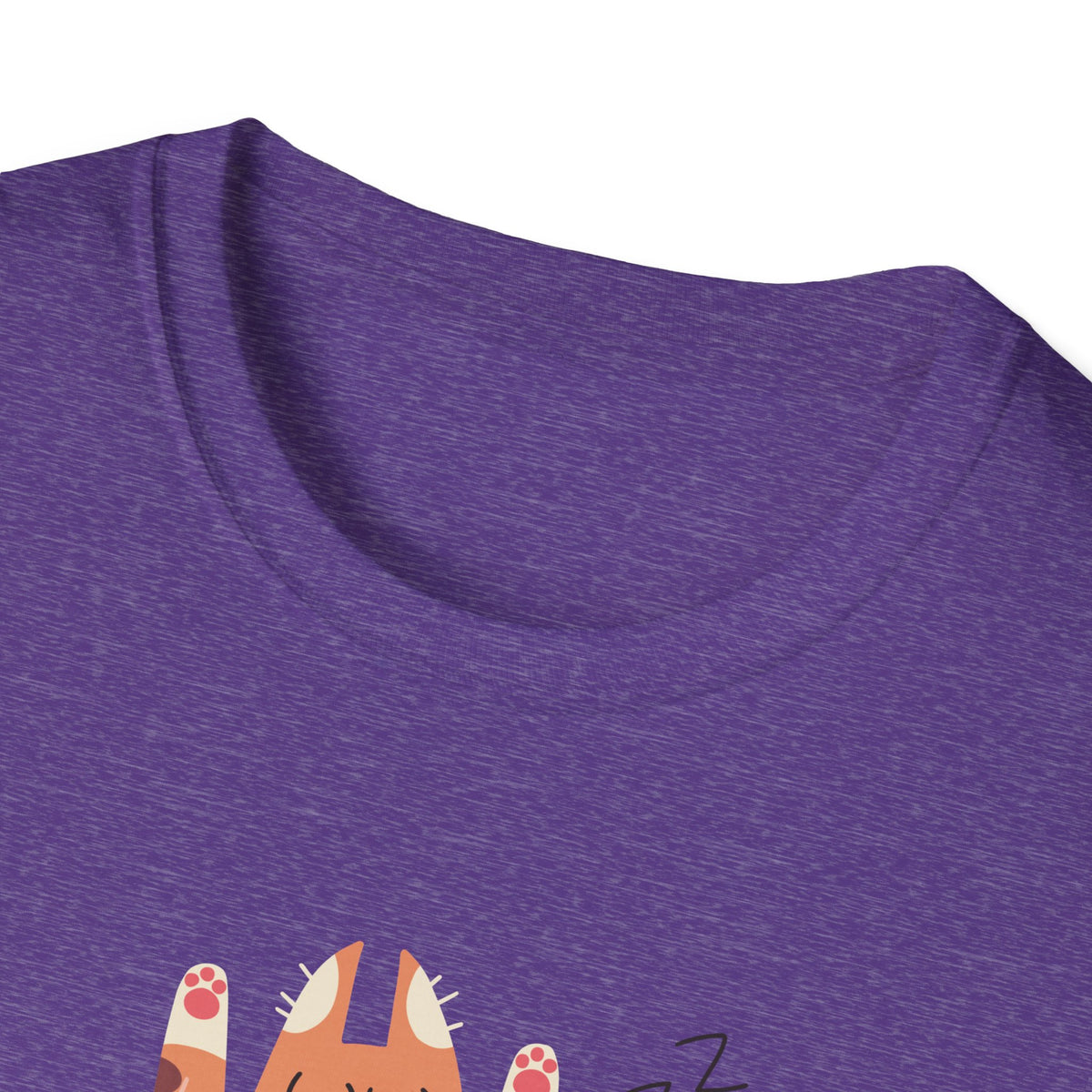Close-up of You Make Me Go ZZZ sleepy cat print hem on purple t-shirt, funny cat lover detail