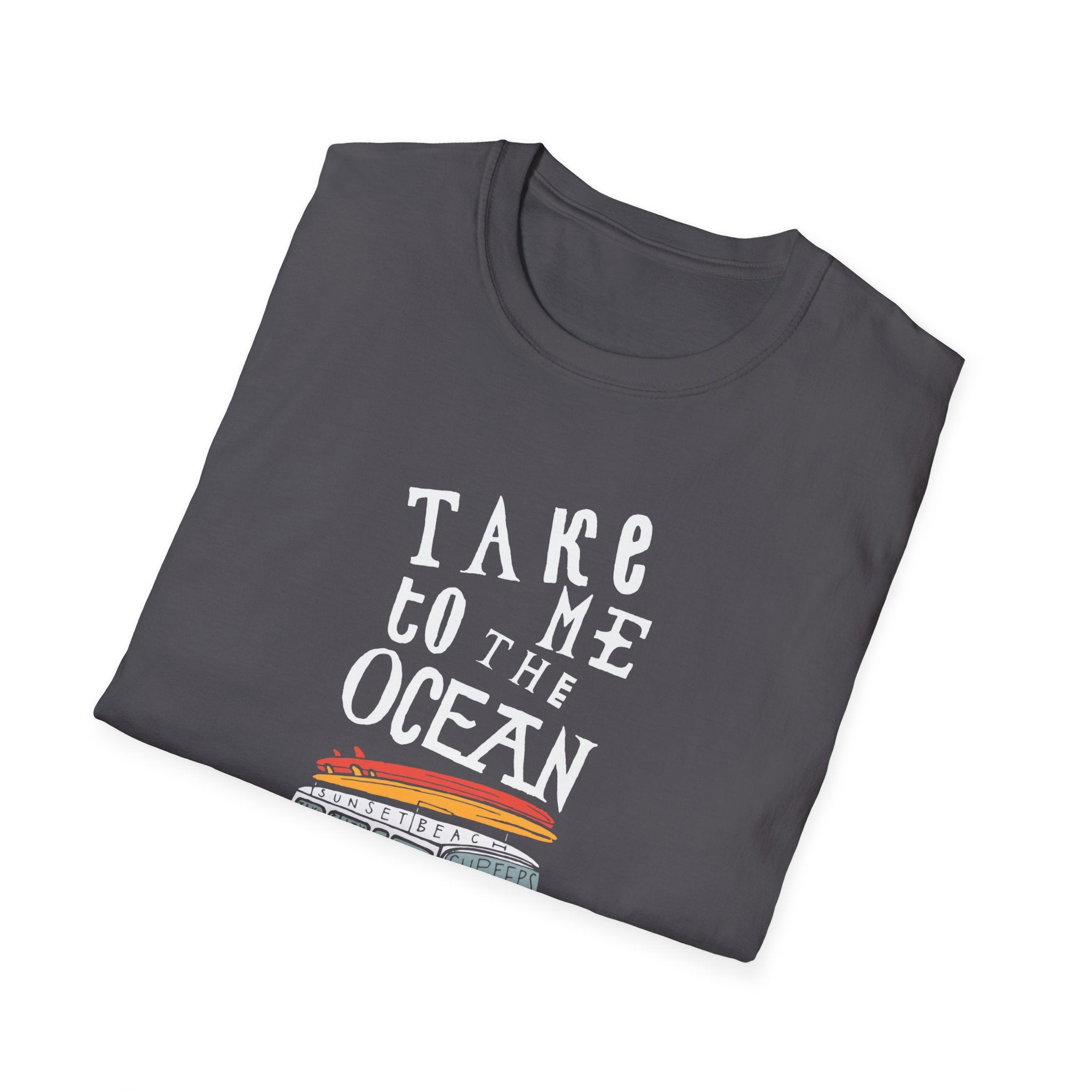 The "Take Me to the Ocean" T-Shirt is a gray geek top featuring a sunset over waves illustration, combining style and ultimate comfort.