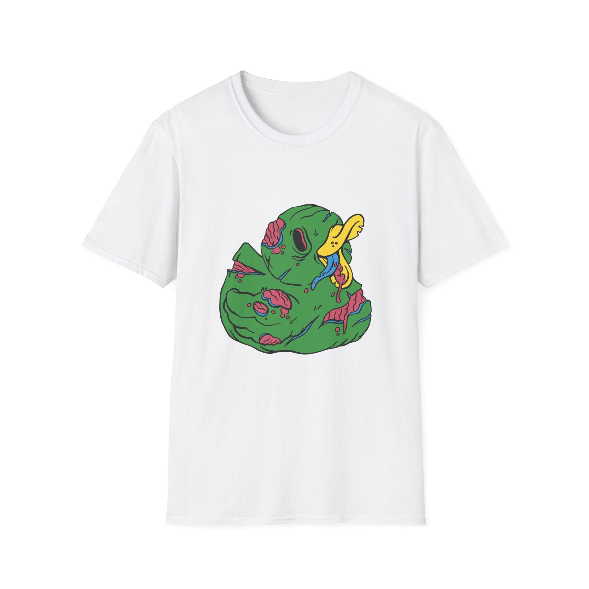 The Zombie Duck T-Shirt features a white tee with a graphic of a green rubber duck, zombie-like details, and a yellow beak dripping blue liquid, ideal for horror-loving nerds.