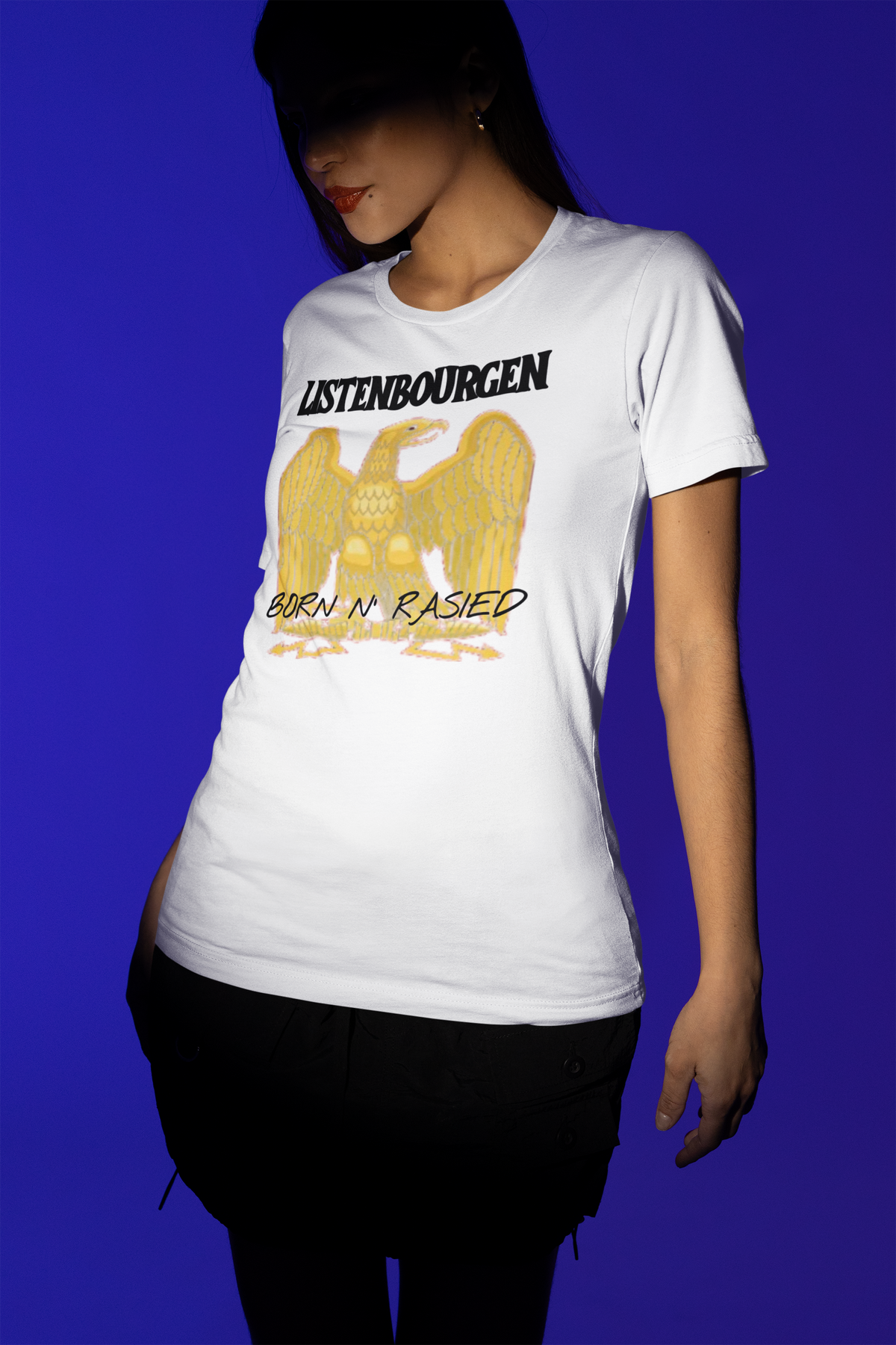 'Listenbourgen Born N Raised' eagle t-shirt in white, woman modeling it