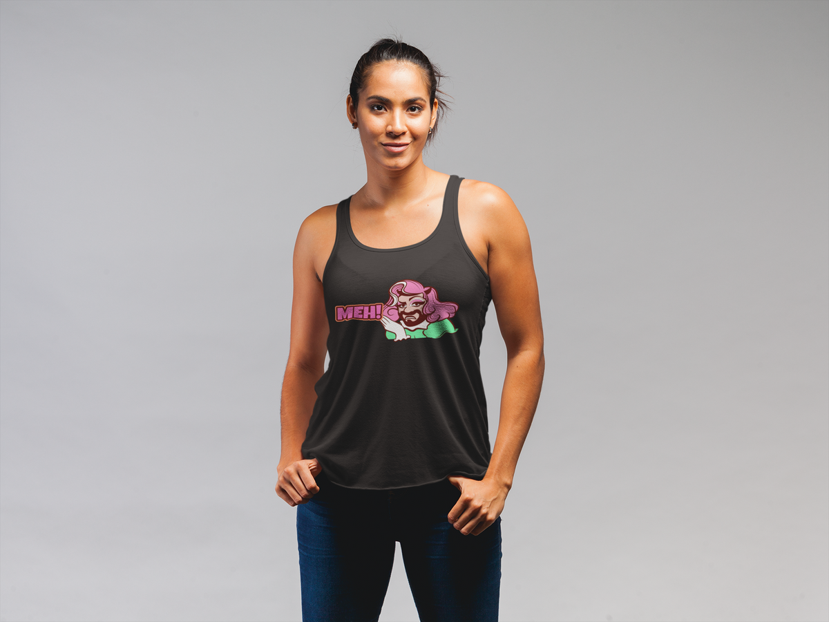 'MEH!' funny pink haired character tank top in charcoal, woman wearing it studio shot, funny gift