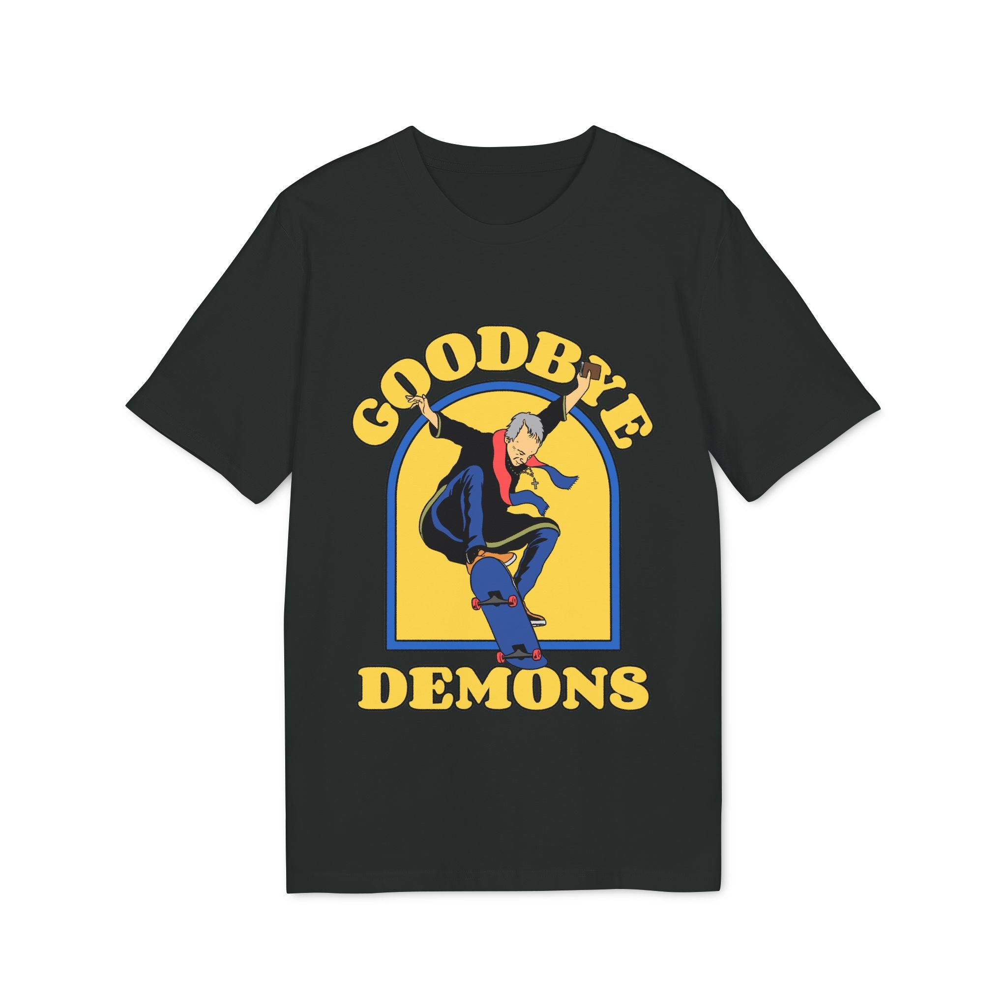 The Goodbye Demons - Organic T-Shirt is a black tee made from organic cotton, featuring a skateboarding graphic and bold yellow "GOODBYE DEMONS" text on the front.