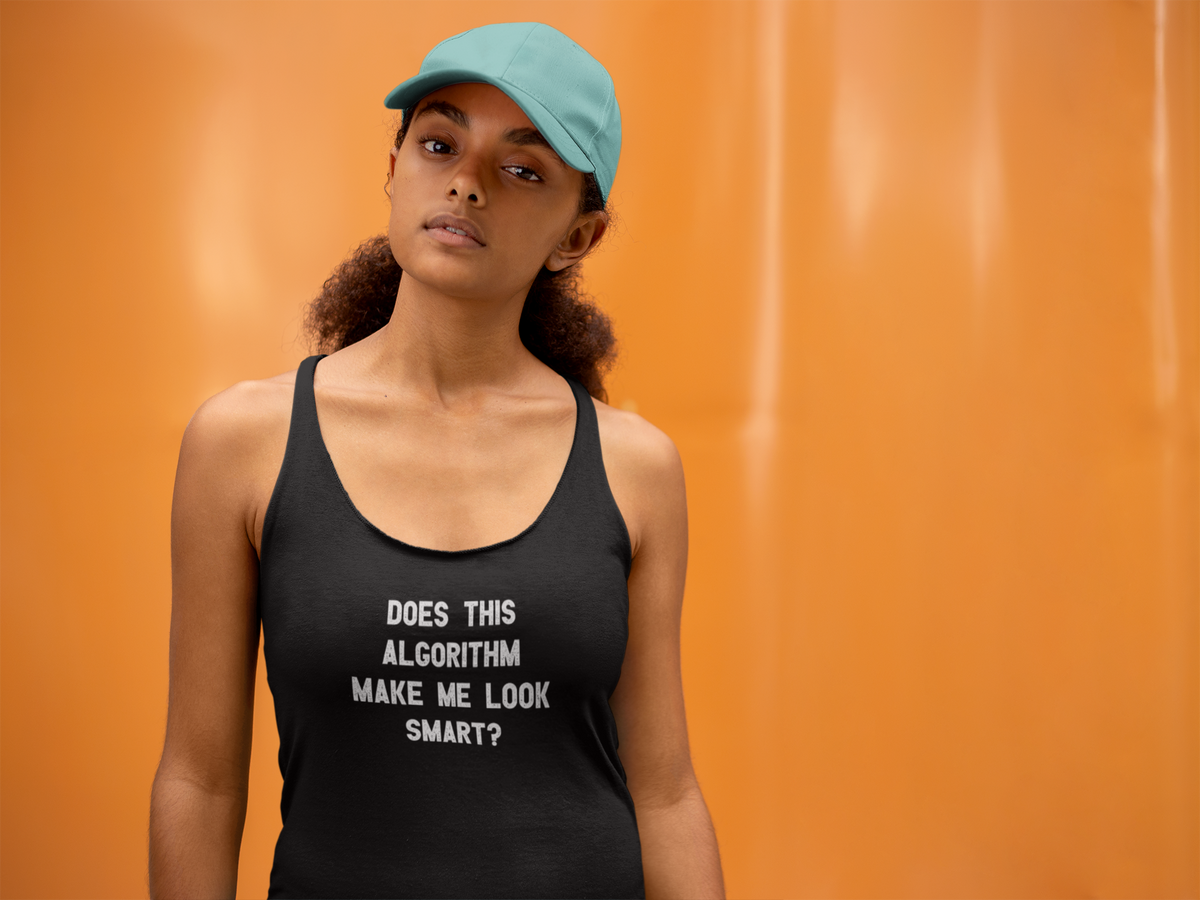 'Does This Algorithm Women's Tank' in black, woman by an orange wall, Tank Top mockup, Geekpsters