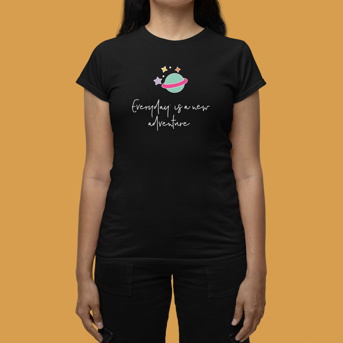 'Everyday is a New Adventure' planet women's t-shirt in black, woman wearing it, travel lover gift