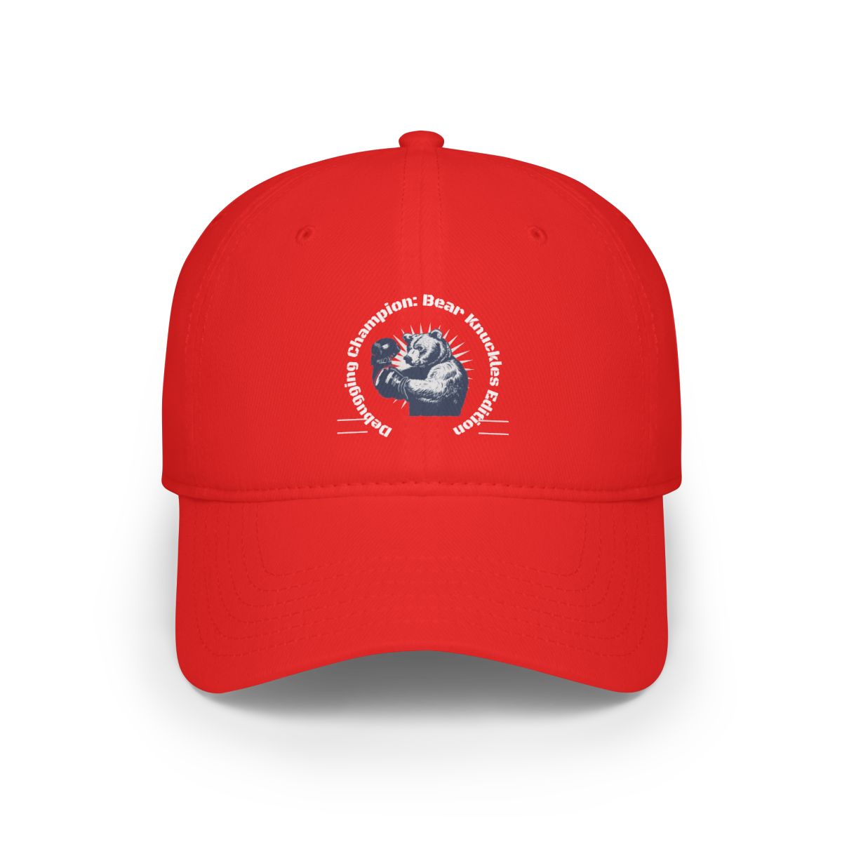 Red baseball cap with reinforced stitching, featuring a bear logo and the text "Debugging Champion: Bear Knuckles Edition" surrounding the image.
