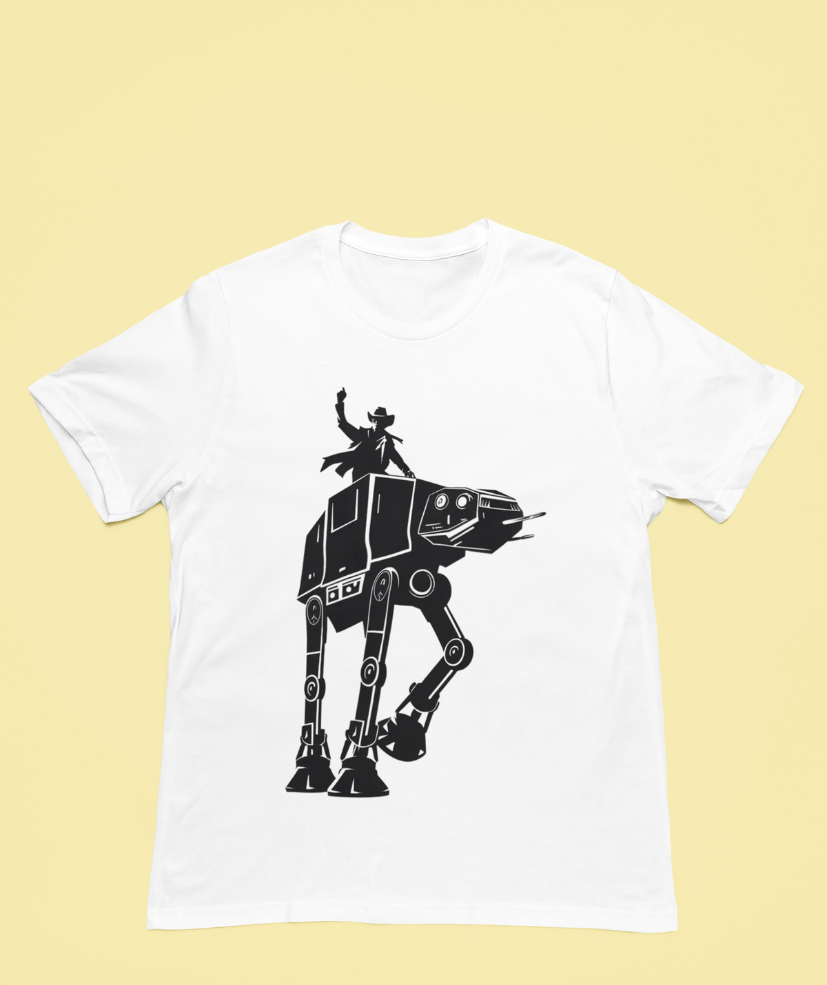 'Riding AT-AT' t-shirt in white with robotic walker illustration, flat lay on yellow background, sci fi gift