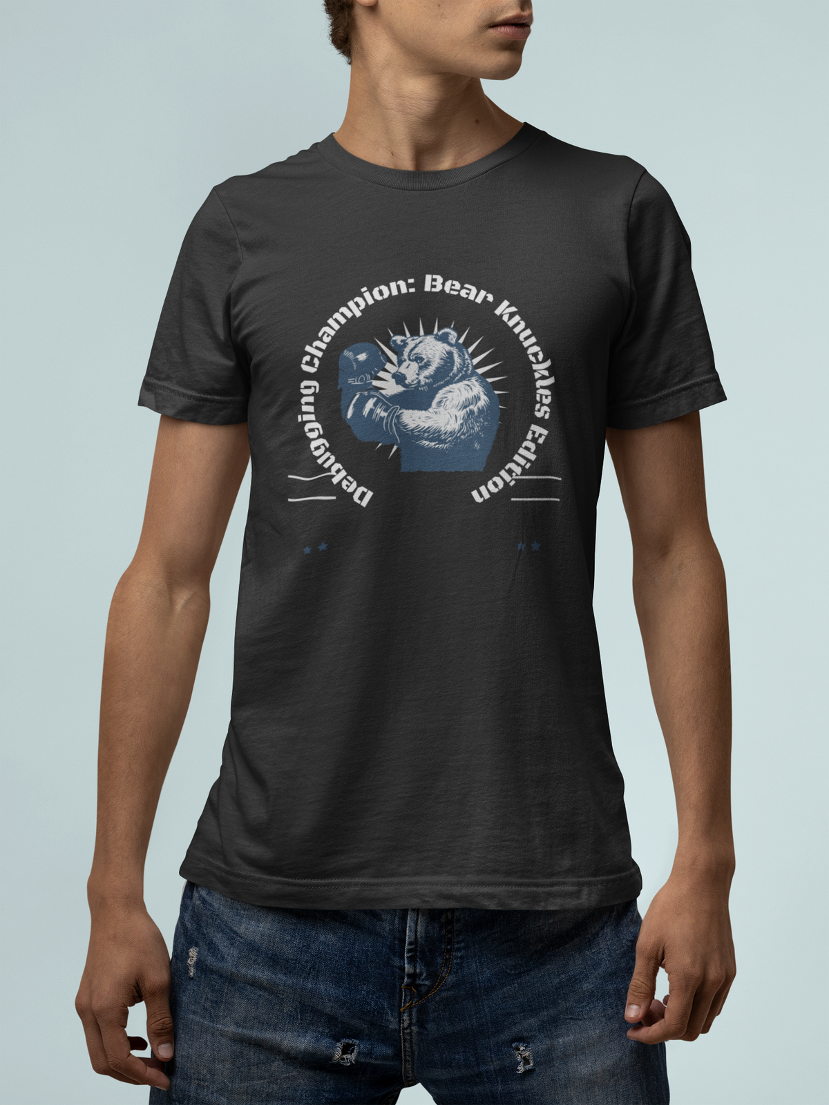 'Debugging Champion' bear graphic t-shirt in black, man wearing it, funny programmer tee gift idea