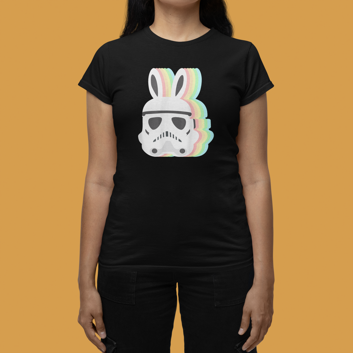 Star Wars Easter Stormtrooper Women's Tee in black, woman on mustard background, funny Easter tee gift